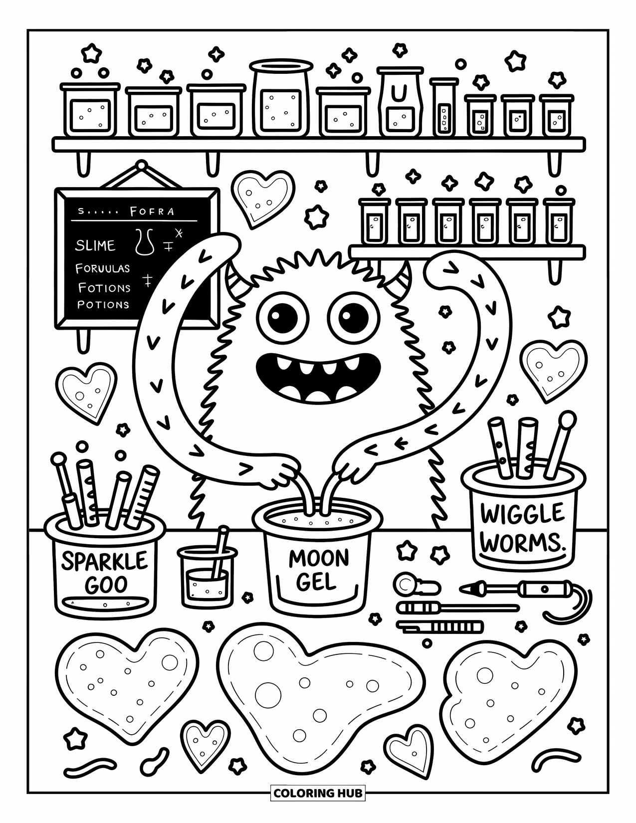 Dibujo de monstruo para colorear para adultos: Un monstruo hace baba brillante en un laboratorio acogedor lleno de pociones y manchas de corazón