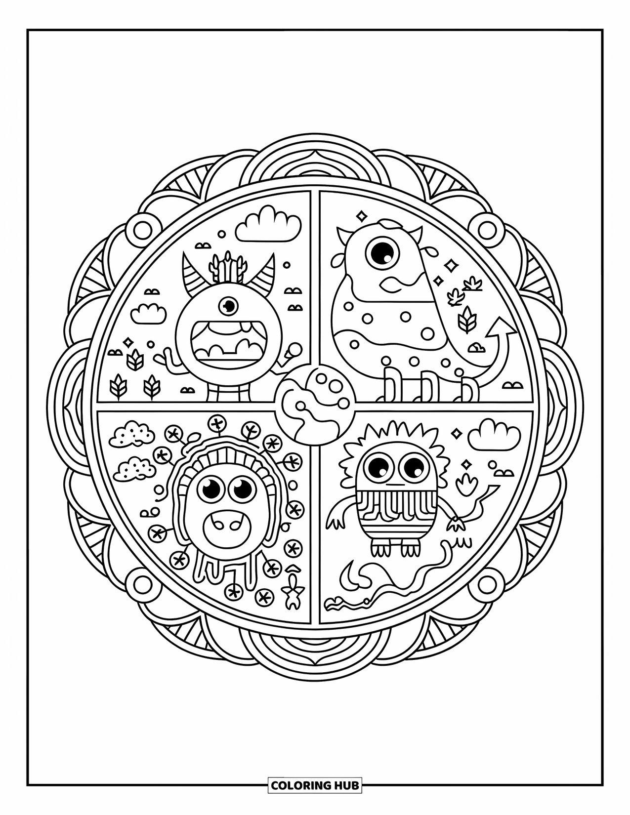 Dibujo de monstruo para colorear para adultos: Un mandala de monstruo presenta cuatro criaturas elementales en un diseño equilibrado y detallado
