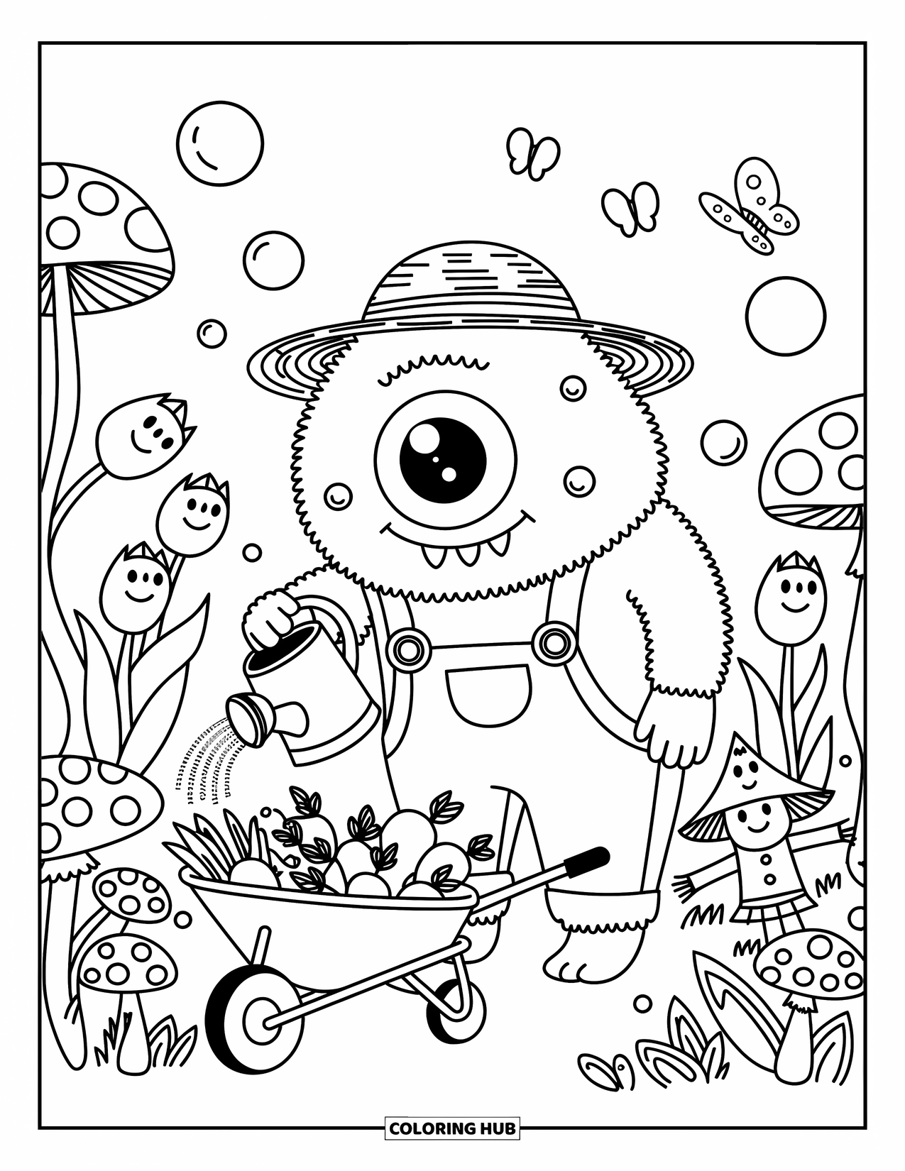 Dibujo de monstruo para colorear para adultos: Un monstruo jardinero de un ojo riega flores alegres en un jardín lleno de fantasía