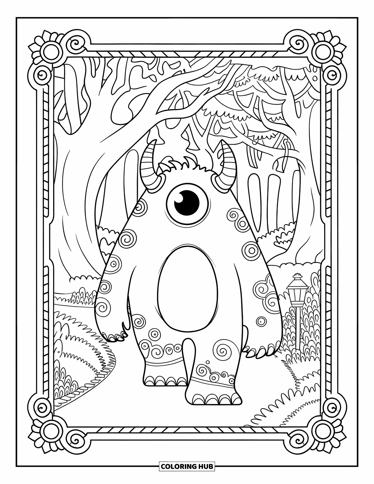 Dibujo de monstruo para colorear para adultos: Un monstruo pacífico con piel estampada camina por un sendero forestal con bordes