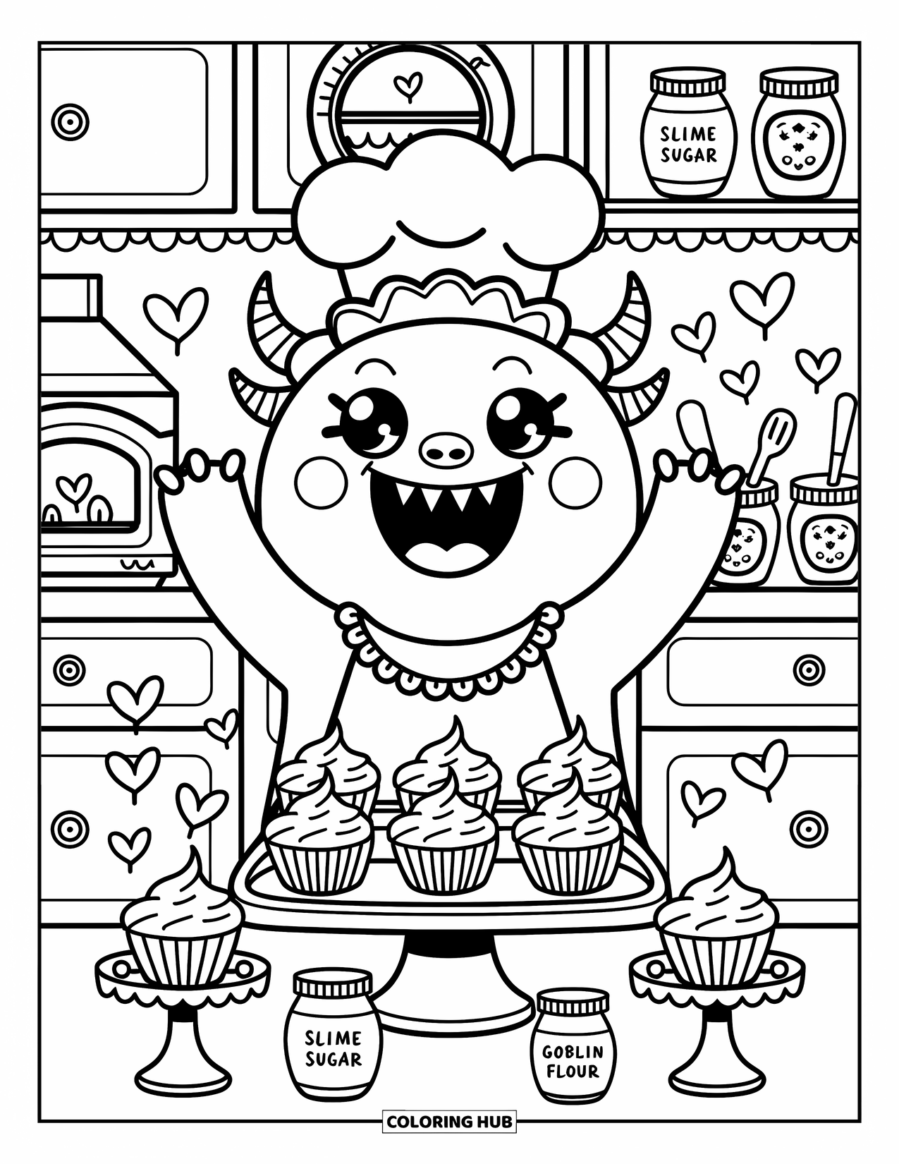 Dibujo de monstruo para colorear para adultos: Un monstruo sonriente con un delantal con volantes agrega glaseado en una cocina llena de dulces