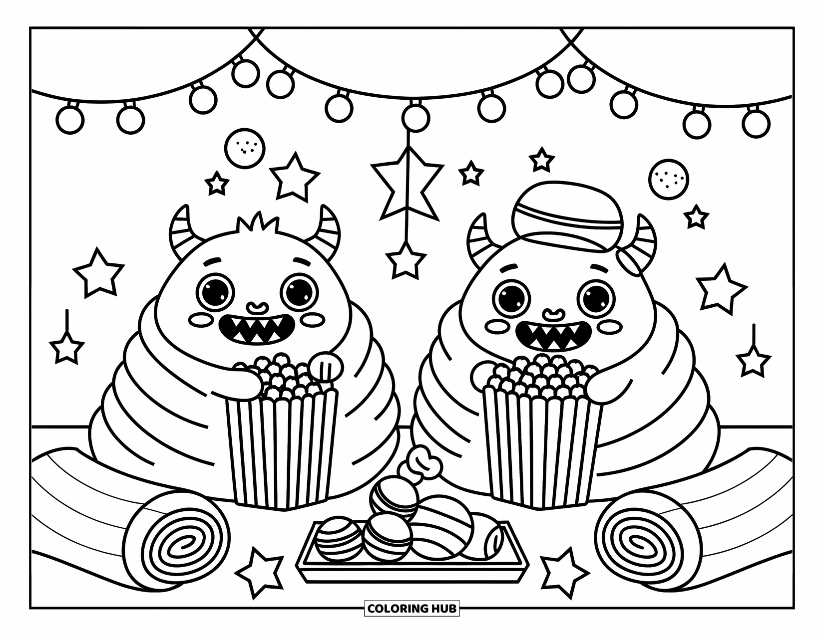 Dibujo de monstruo para colorear para adultos: Adorables monstruos meriendan en un fuerte de almohadas mientras uno se asoma sosteniendo una linterna