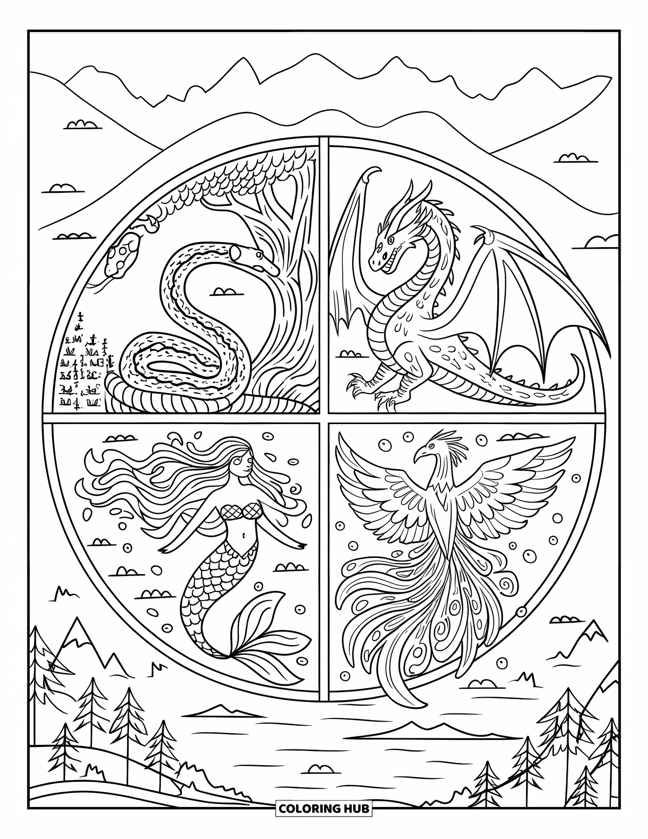 Dibujo de monstruo para colorear para adultos: Cuatro criaturas (tierra, fuego, agua, aire) llenan cada cuadrante de este mandala elemental