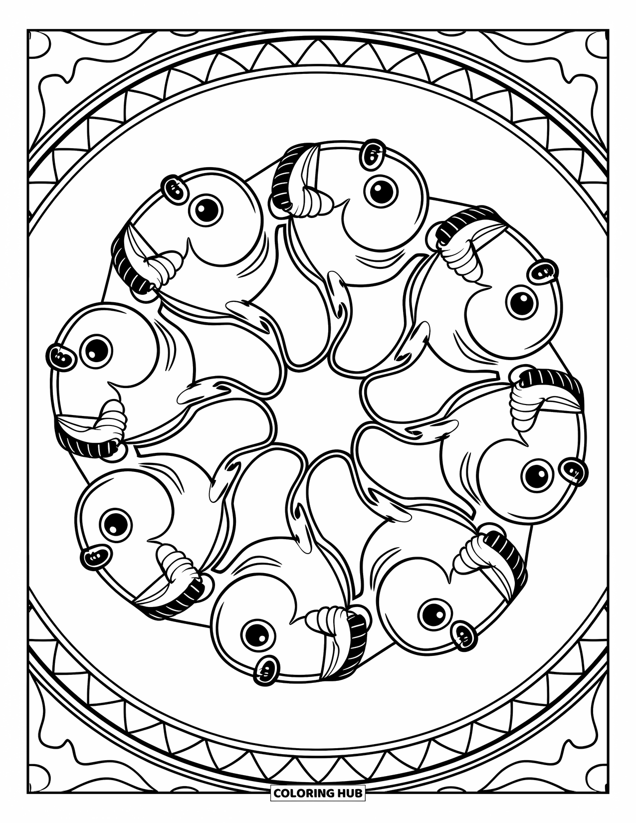 Dibujo de monstruo para colorear para adultos: Monstruos con sombrero se enroscan en un mandala con forma de rueda lleno de remolinos y contornos audaces