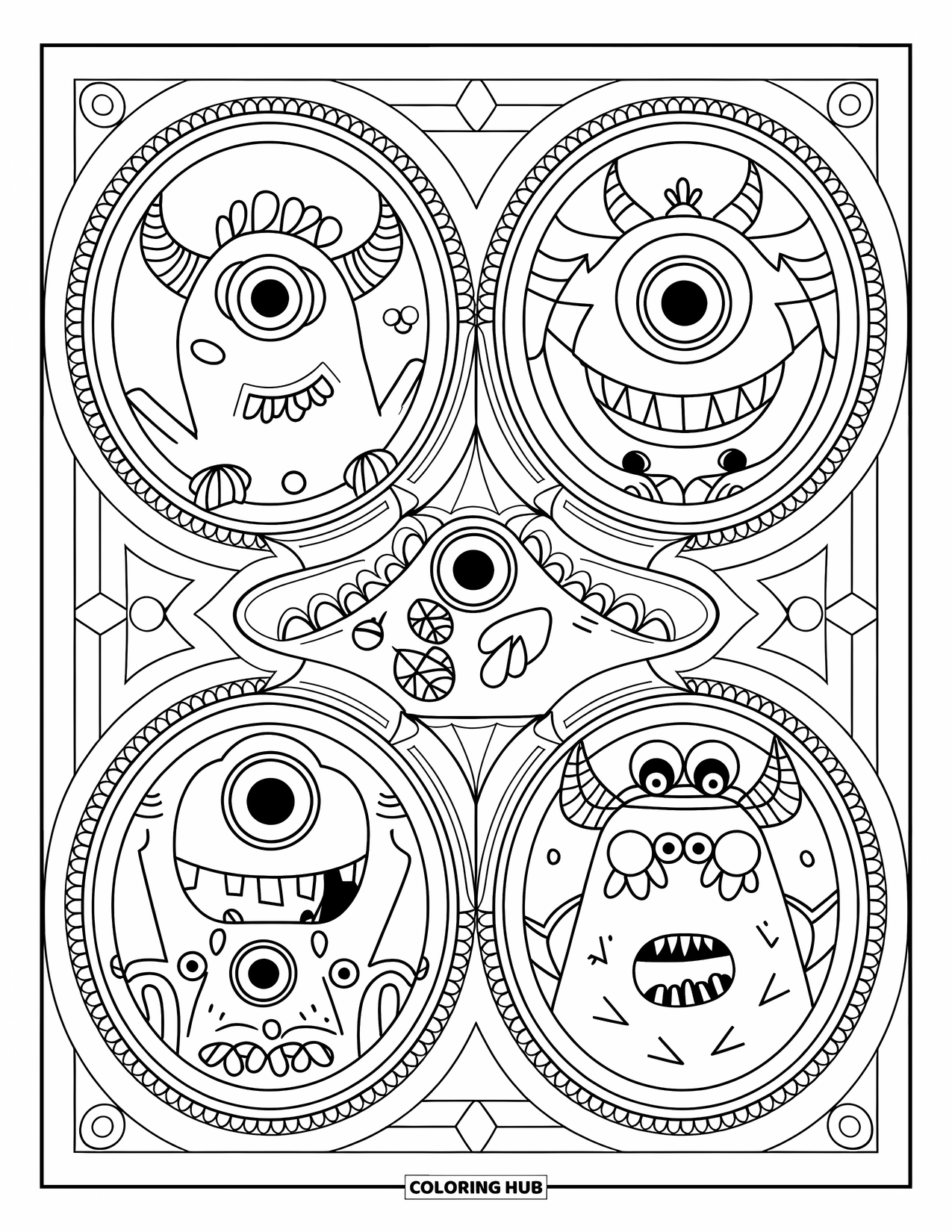 Dibujo de monstruo para colorear para adultos: Monstruos con cuernos y alas miran a través de portales enmarcados con detalles en capas