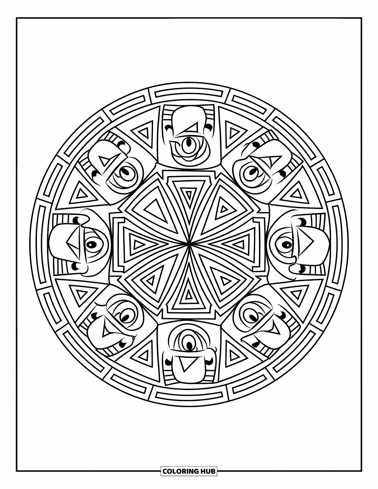 Dibujo de monstruo para colorear para adultos: Caras de monstruos con dientes afilados y espirales llenan un mandala circular