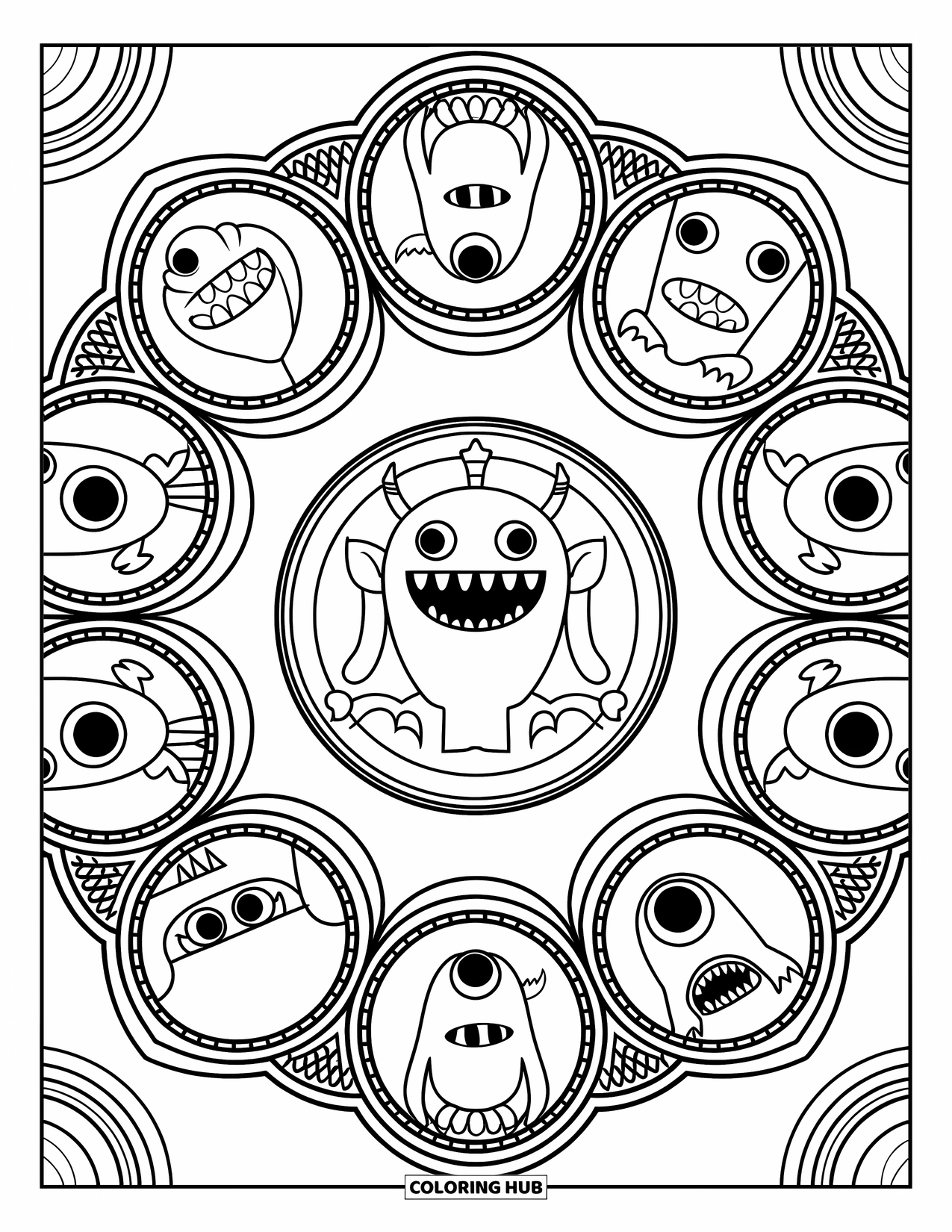 Dibujo de monstruo para colorear para adultos: Monstruos se asoman desde portales circulares en un diseño detallado estilo caleidoscopio