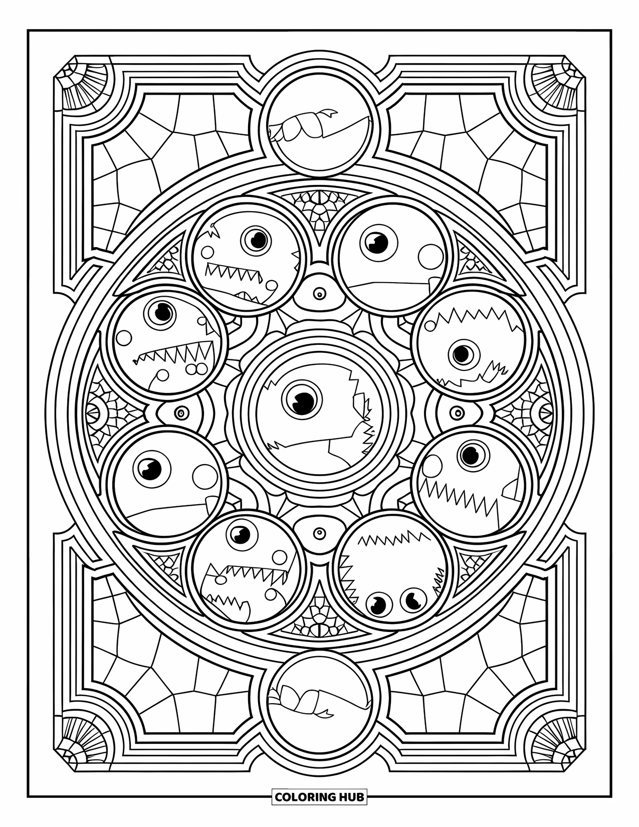 Dibujo de monstruo para colorear para adultos: Monstruos con cuernos y ojos miran desde portales de caleidoscopio en un diseño audaz