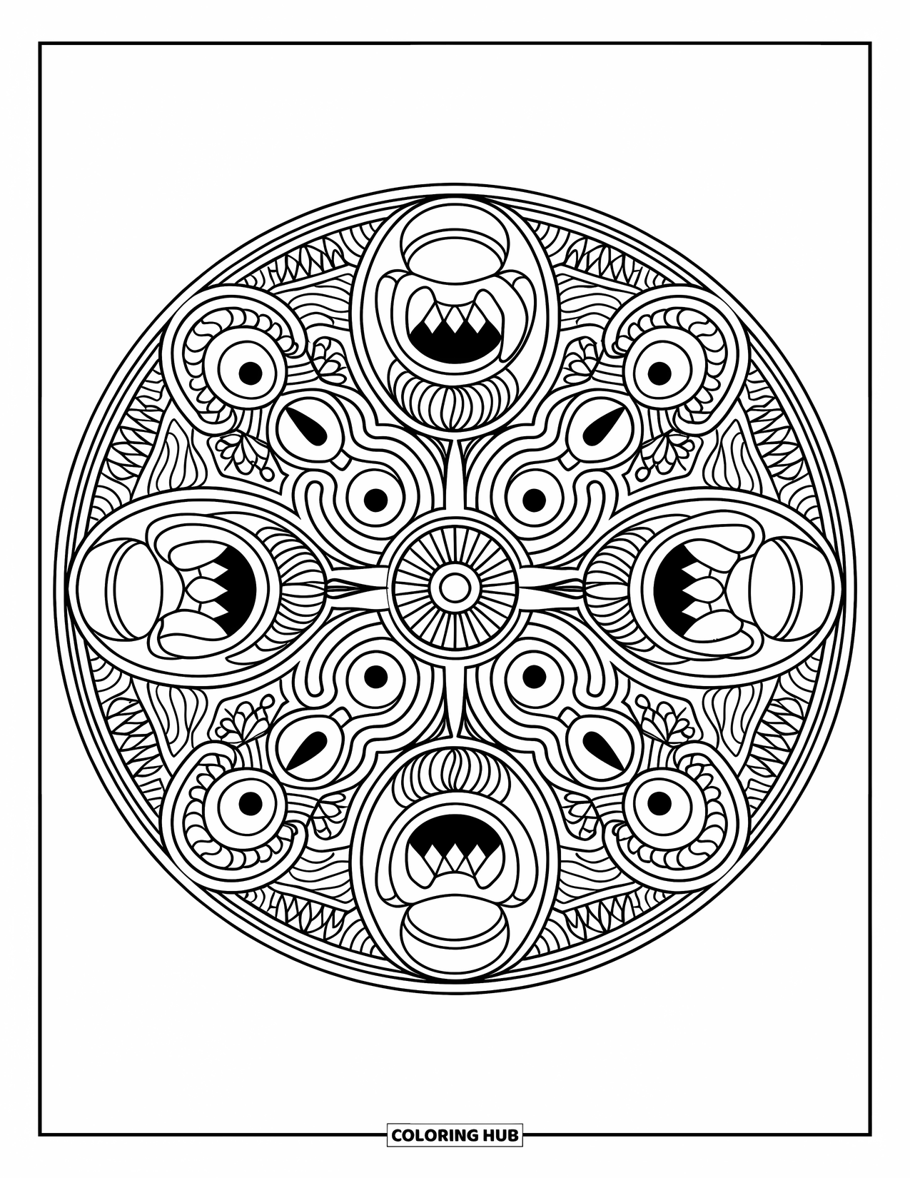 Dibujo de monstruo para colorear para adultos: Caras de monstruos simétricas forman un mandala circular con diseños intrincados