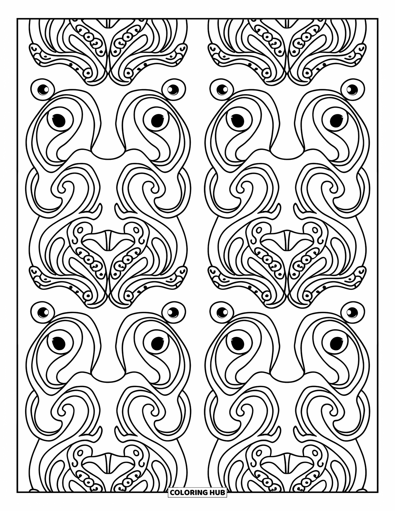 Dibujo de monstruo para colorear para adultos: Caras de monstruos con tentáculos se arremolinan en un diseño reflejado lleno de simetría juguetona