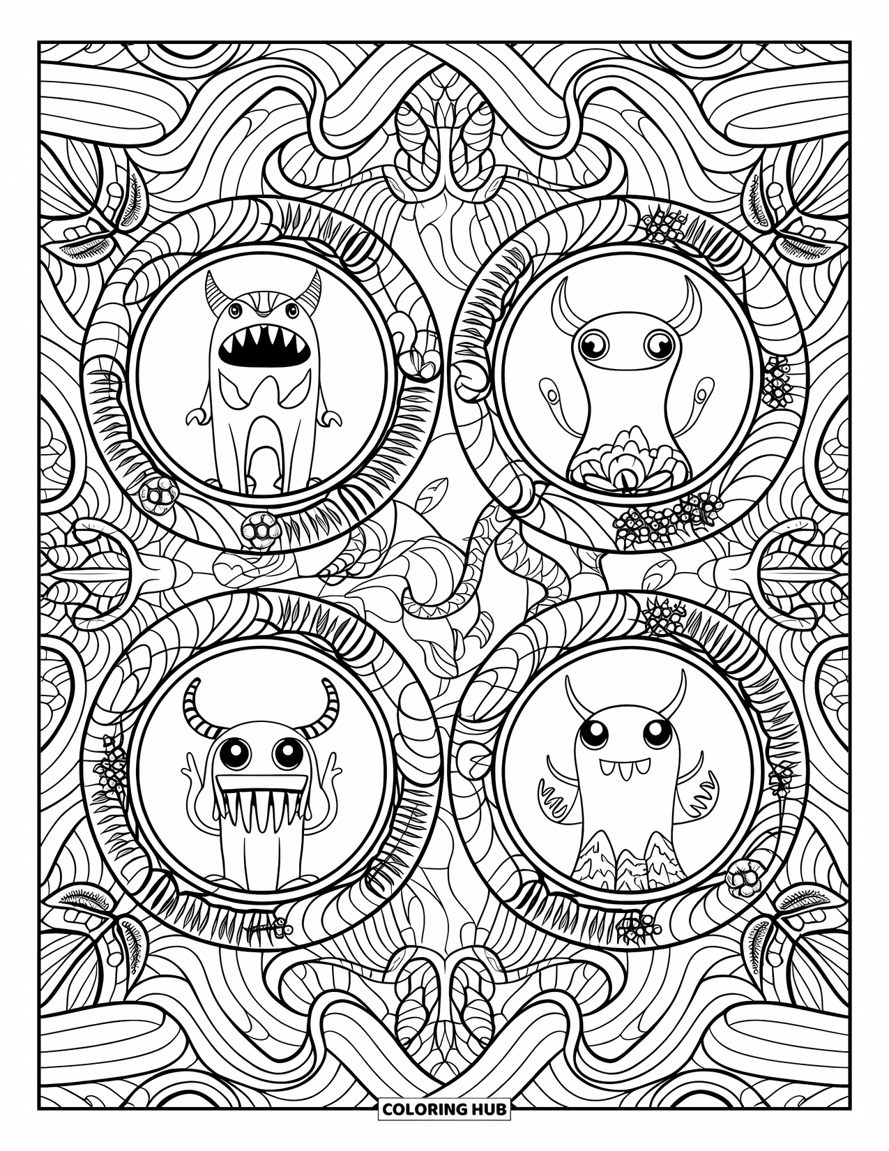 Dibujo de monstruo para colorear para adultos: Monstruos alados miran desde portales detallados enmarcados con enredaderas y patrones de serpientes