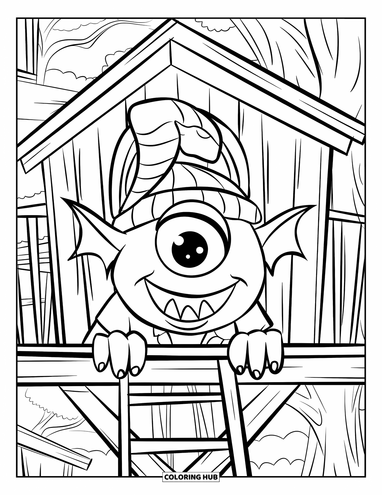 Dibujo de monstruo para colorear para niños: Un monstruo de ojos grandes se asoma desde una casa del árbol con un sombrero de rayas