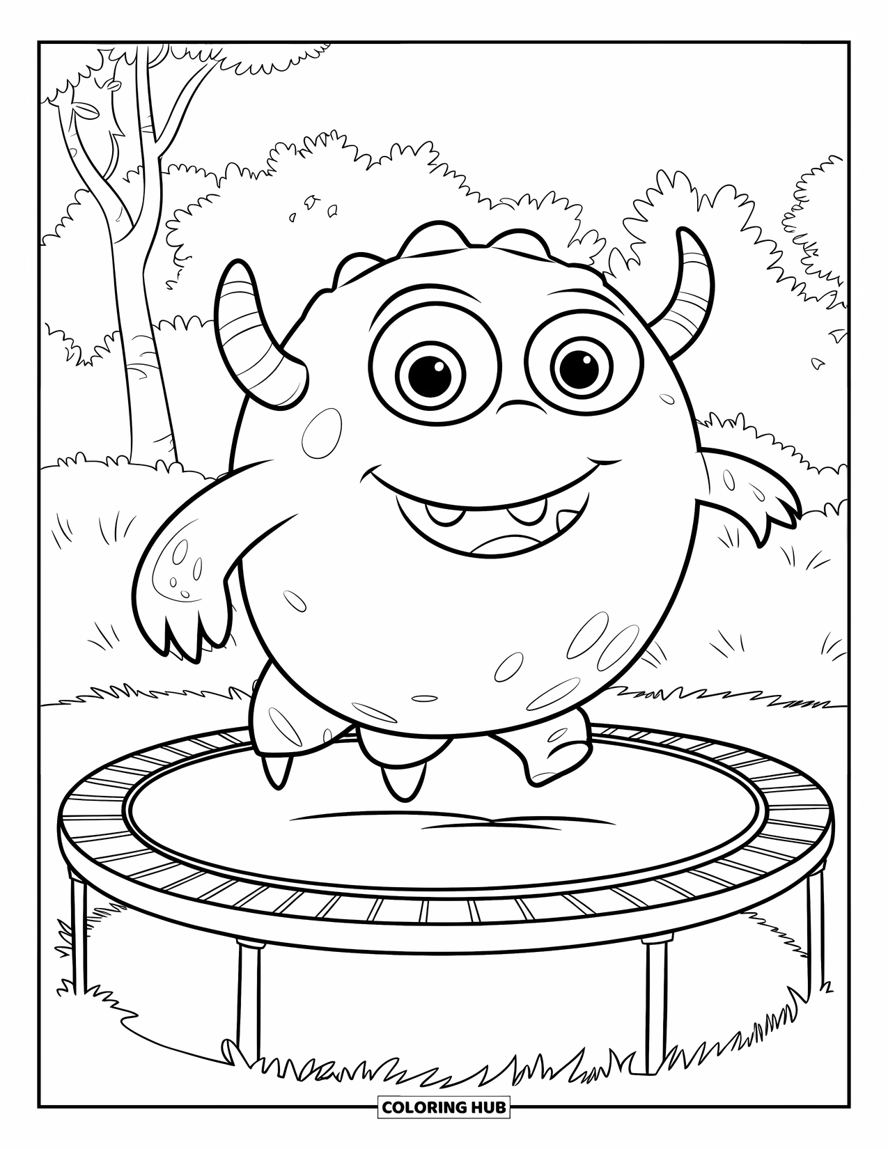 Dibujo de monstruo para colorear para niños: Un monstruo saltarín salta en una cama elástica en un campo de hierba con árboles