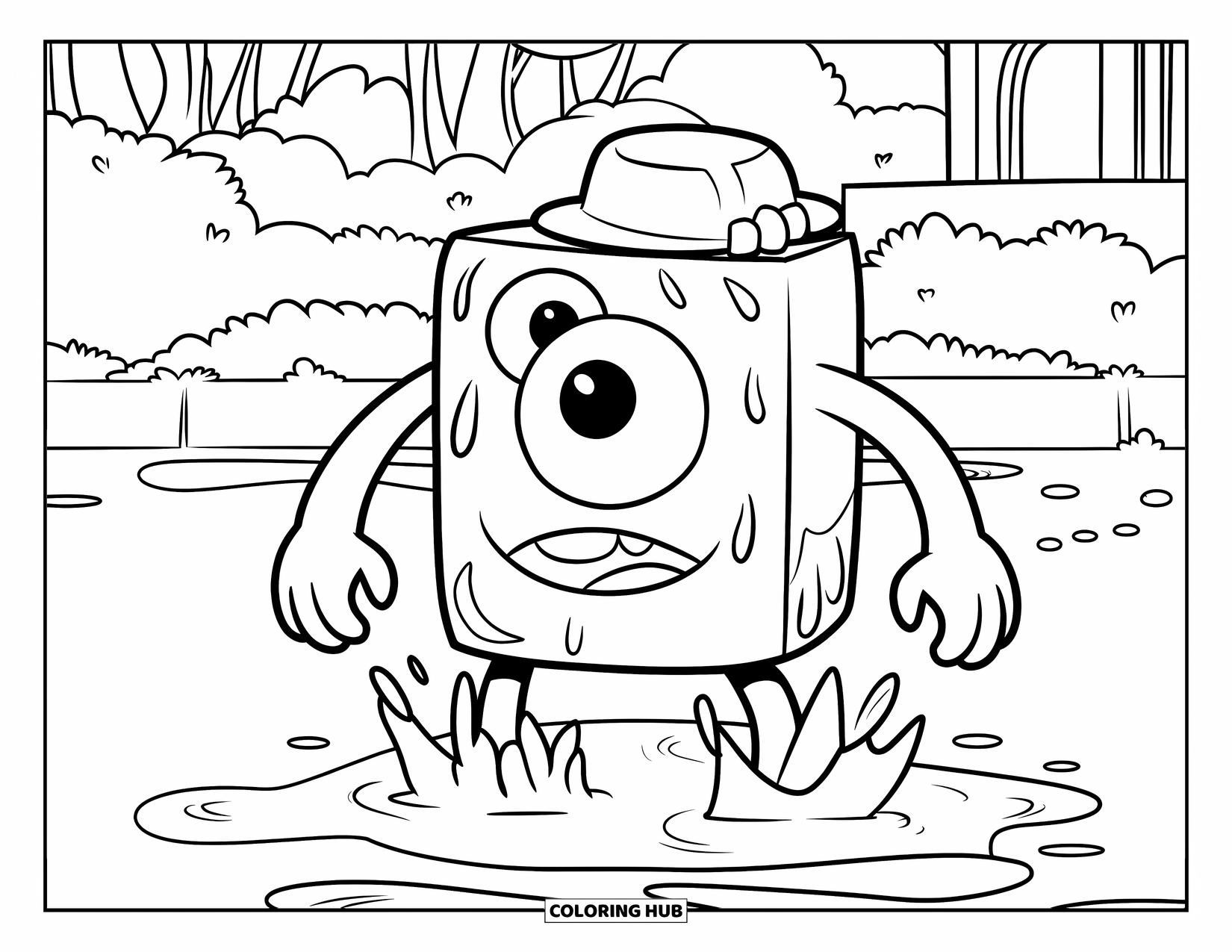 Dibujo de monstruo para colorear para niños: Un monstruo cuadrado chapotea en un charco mientras usa un sombrero tonto