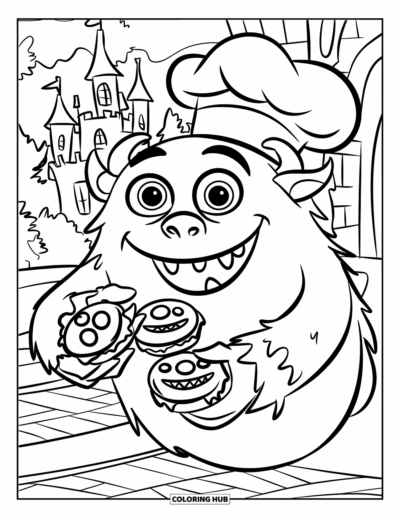 Dibujo de monstruo para colorear para niños: Un monstruo alegre reparte galletas mientras usa un gorro de chef cerca de un castillo