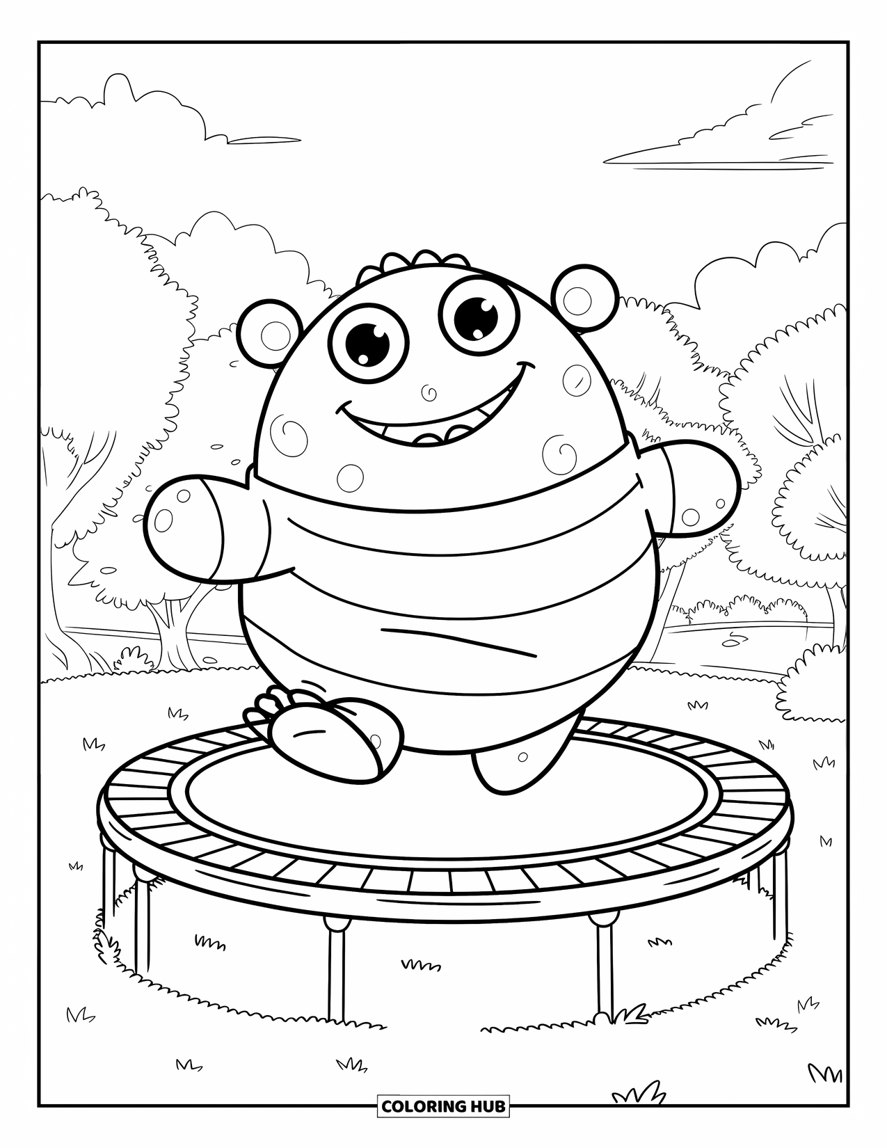 Dibujo de monstruo para colorear para niños: Un monstruo alegre con ojos grandes rebota alto en una cama elástica soleada