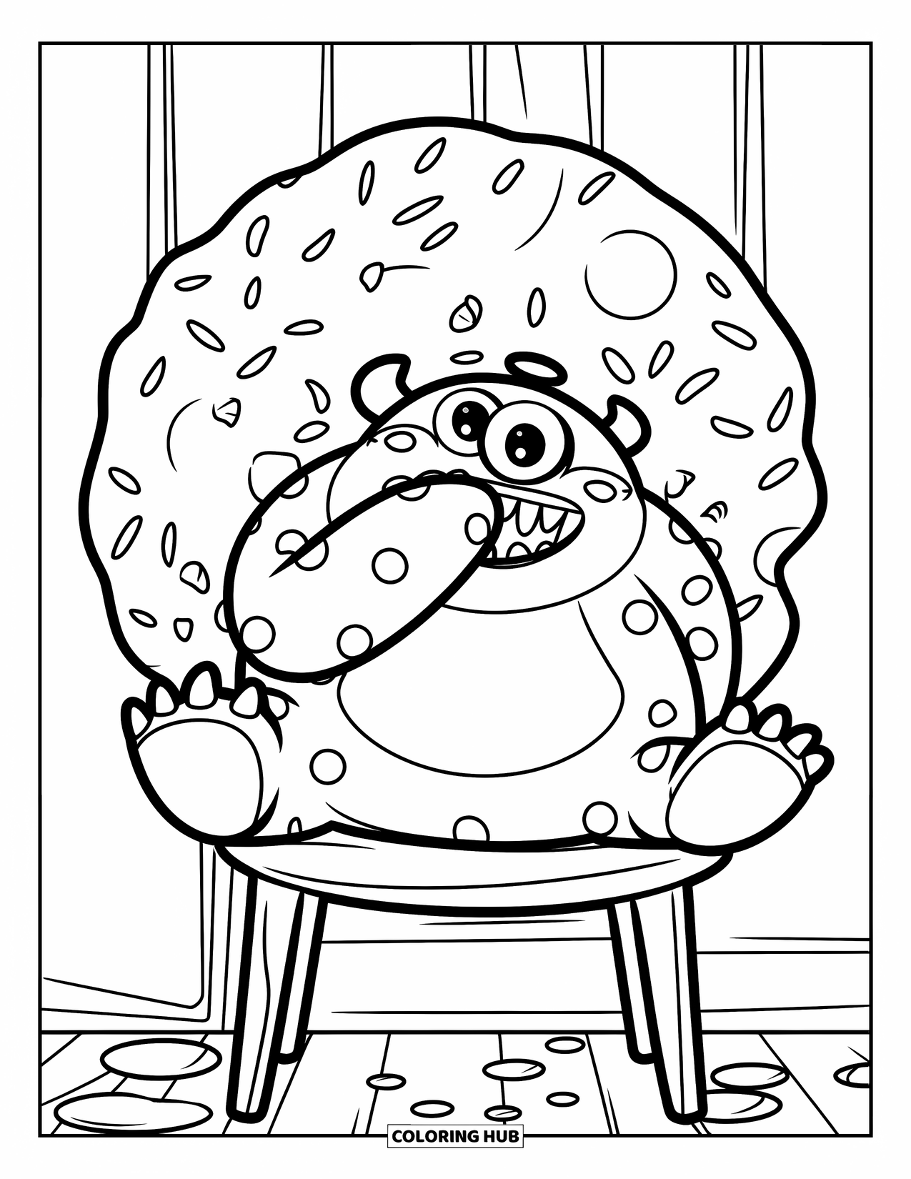 Dibujo de monstruo para colorear para niños: Un monstruo gordito de lunares sonríe mientras come una galleta gigante cubierta de chispas
