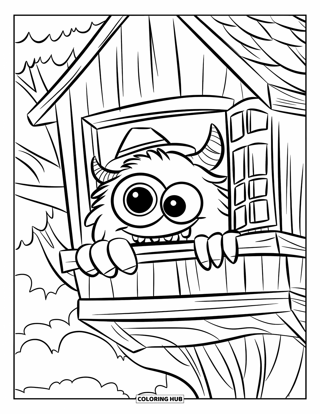 Dibujo de monstruo para colorear para niños: Un monstruo curioso se asoma desde una casa del árbol acogedora con nubes y árboles cerca