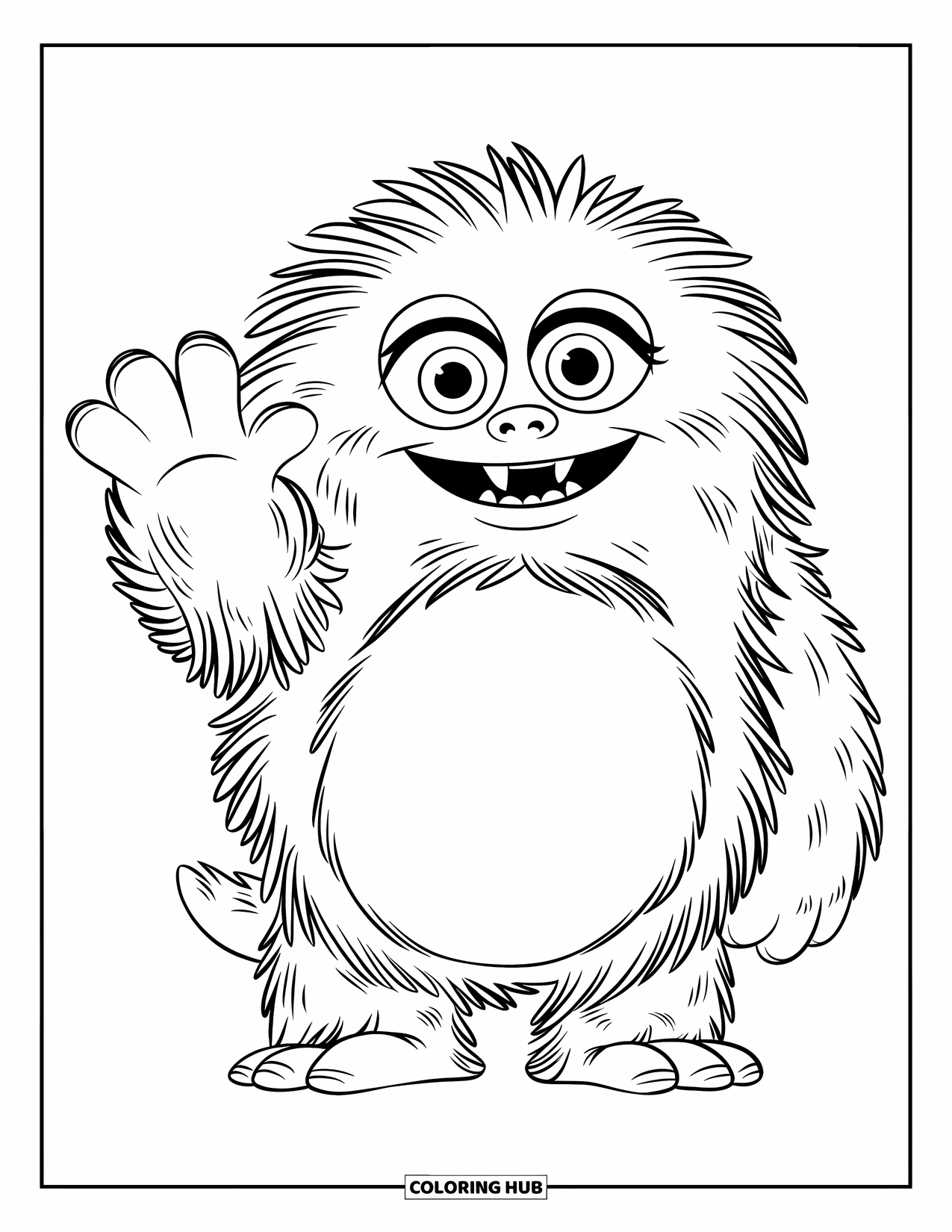 Dibujo de monstruo para colorear para niños: Un monstruo esponjoso con un atuendo lindo saluda con una gran sonrisa y ojos brillantes