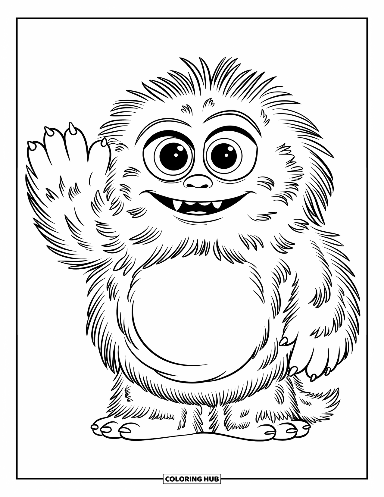 Dibujo de monstruo para colorear para niños: Un monstruo esponjoso con una barriga redonda saluda con una gran sonrisa