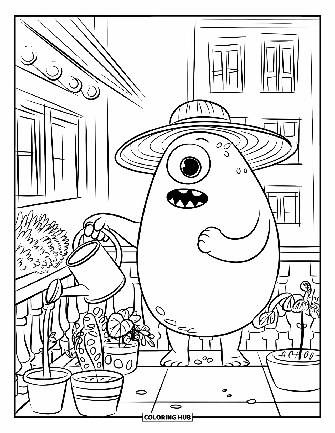 Dibujo de monstruo para colorear para niños: Un monstruo amigable con un sombrero de paja riega plantas en macetas en un balcón