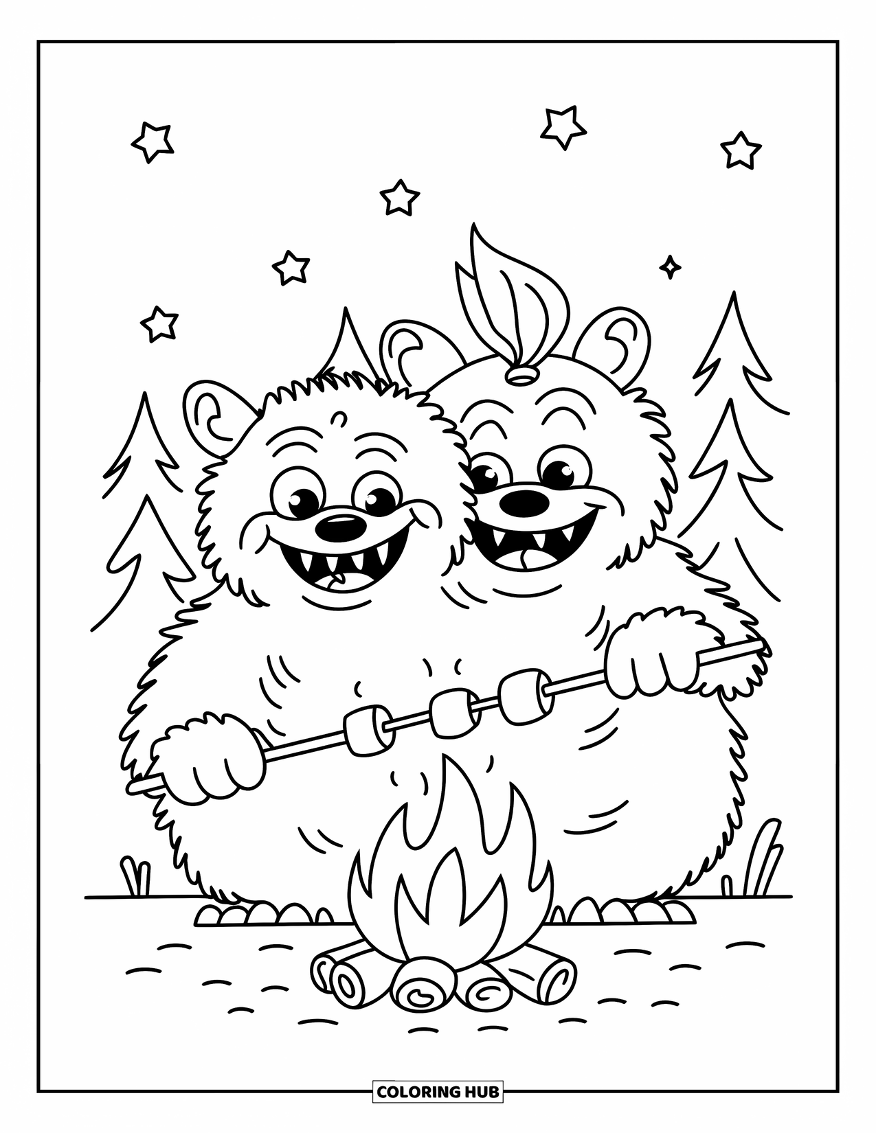 Dibujo de monstruo para colorear para niños: Un dúo de monstruos peludos disfruta asando malvaviscos junto al fuego en el bosque