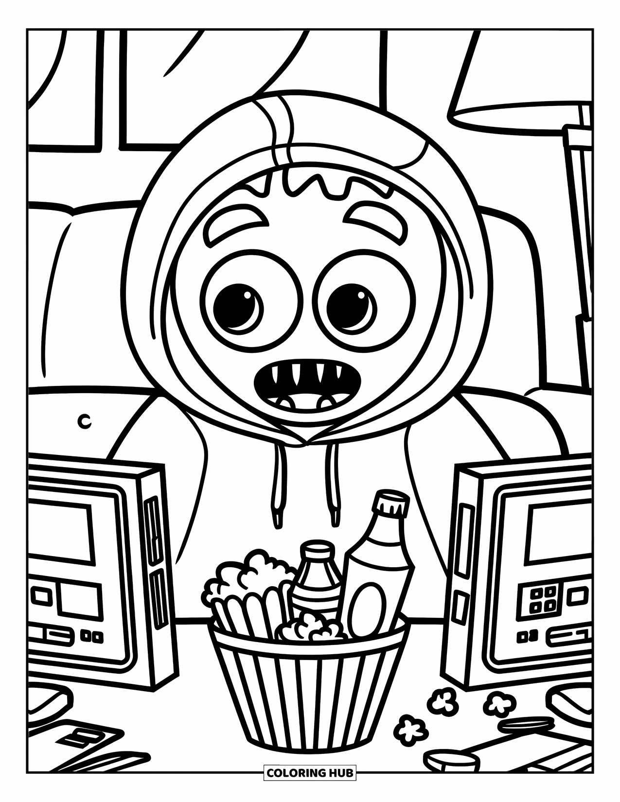 Dibujo de monstruo para colorear para niños: Un monstruo gamer se relaja con palomitas de maíz, refrescos y dos pantallas brillantes