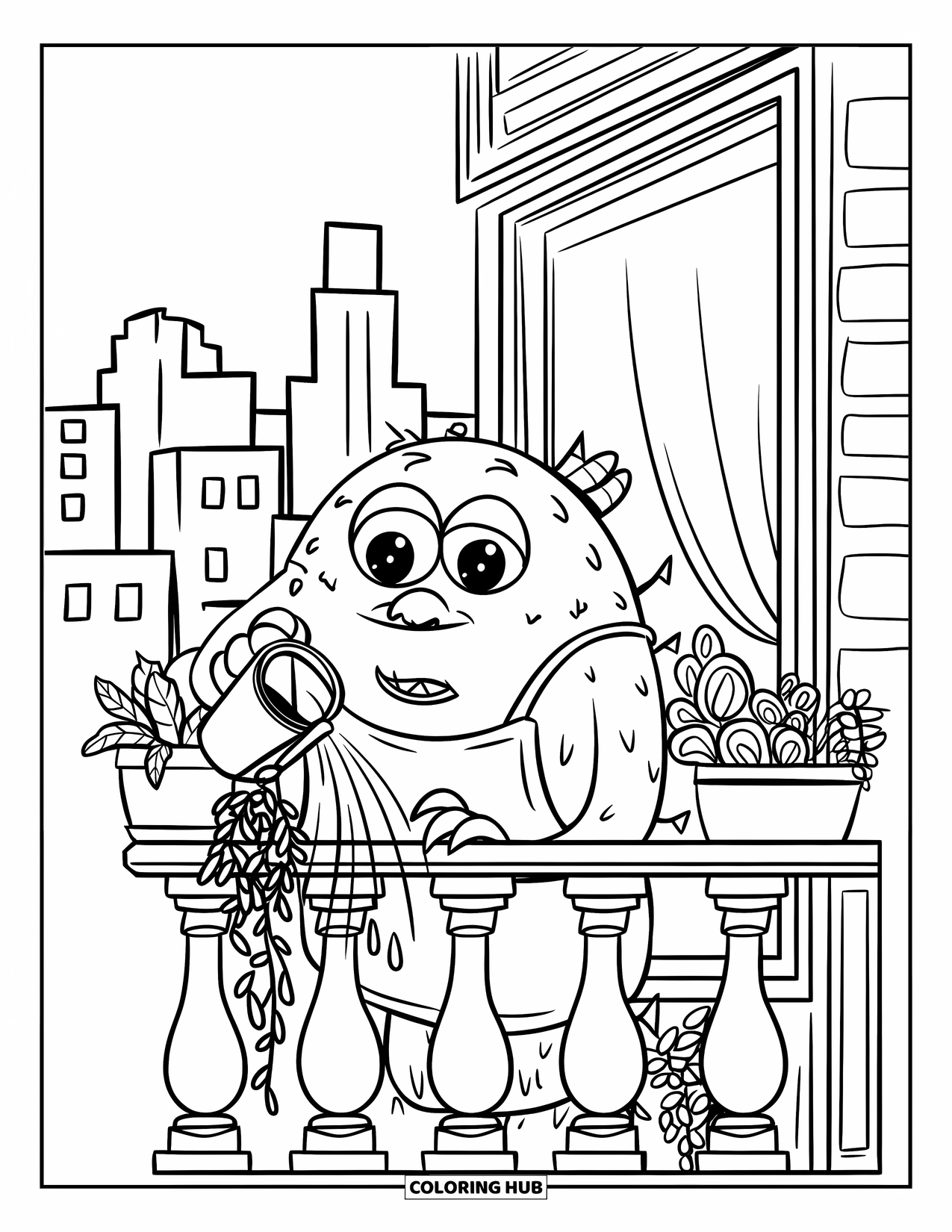 Dibujo de monstruo para colorear para niños: Un monstruo gentil riega plantas de balcón con una sonrisa y un delantal verde