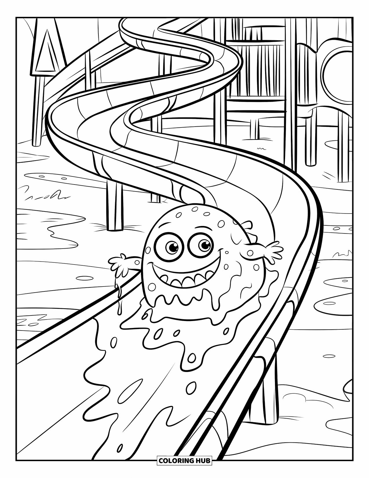 Dibujo de monstruo para colorear para niños: Un monstruo pegajoso se desliza por un tobogán retorcido en un parque infantil concurrido