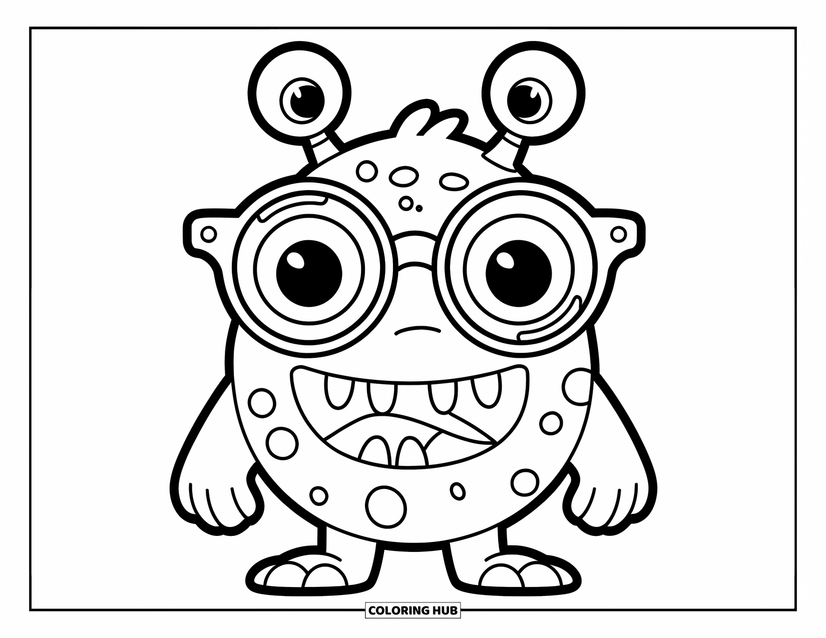 Dibujo de monstruo para colorear para niños: Un monstruo tonto usa gafas gigantes que cubren la mayor parte de su cara