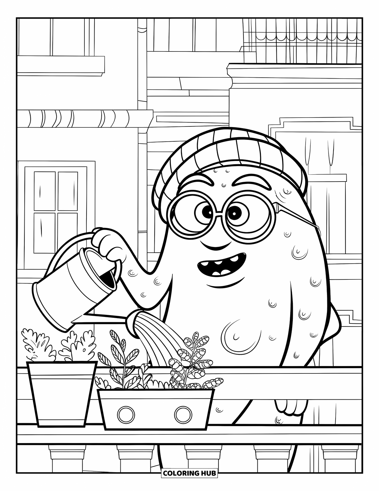Dibujo de monstruo para colorear para niños: Un monstruo de piel verde con gafas cuida las plantas en un balcón acogedor de la ciudad