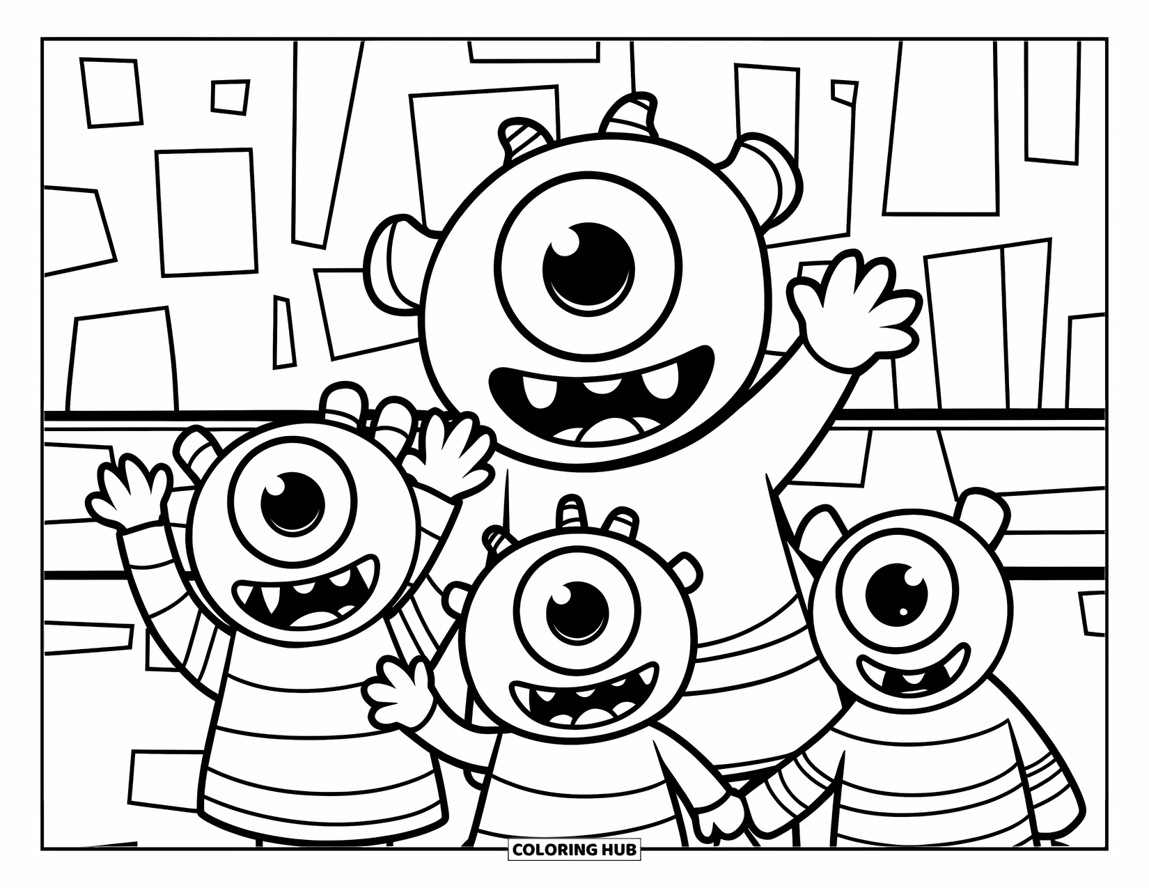 Dibujo de monstruo para colorear para niños: Un grupo de tres monstruos saluda alegremente frente a una pared sencilla