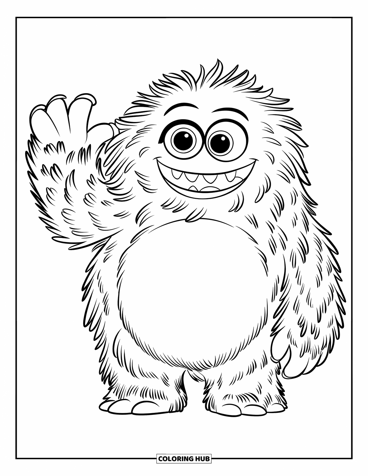 Dibujo de monstruo para colorear para niños: Un monstruo feliz y esponjoso saluda con una mano y ojos brillantes y alegres