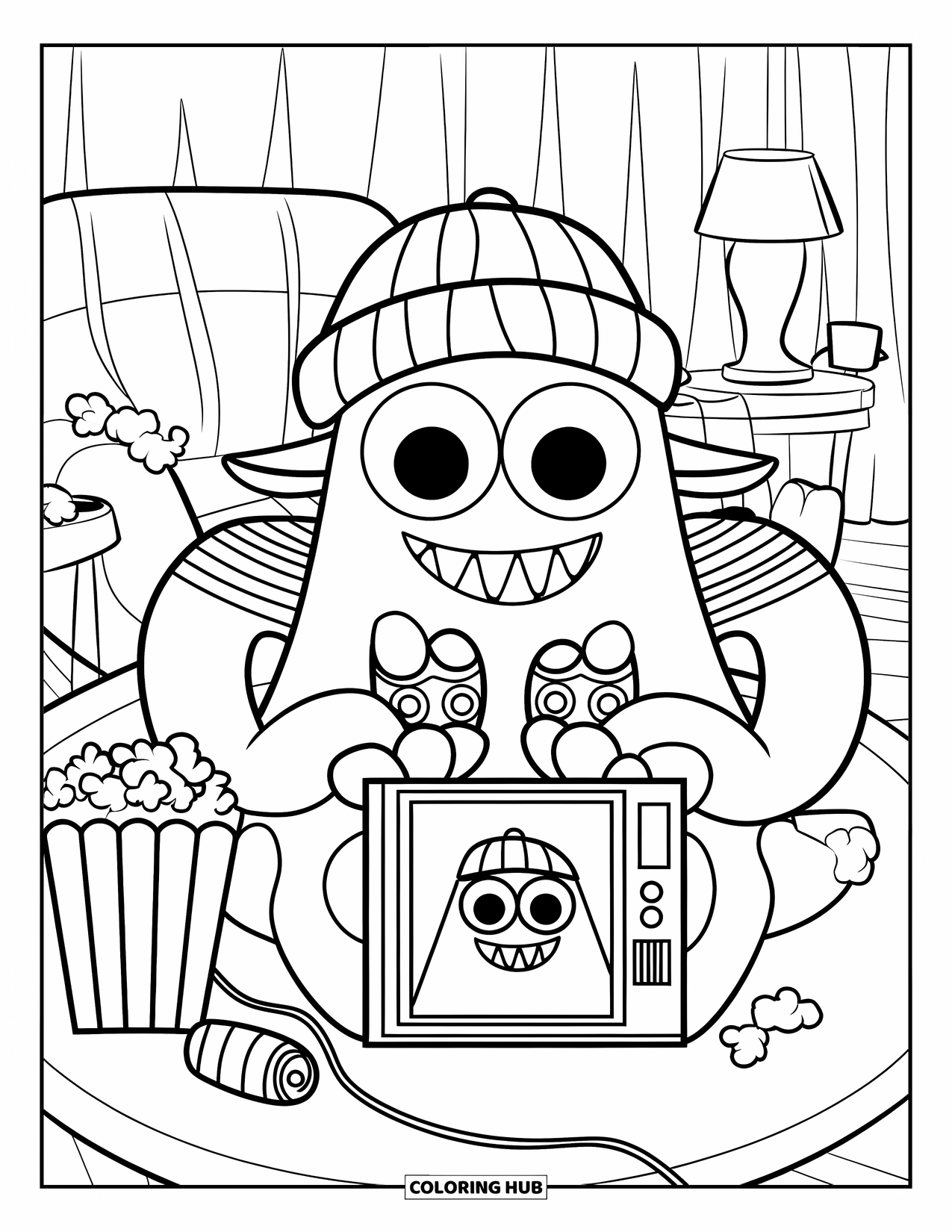 Dibujo de monstruo para colorear para niños: Un monstruo feliz juega videojuegos con bocadillos en una habitación acogedora