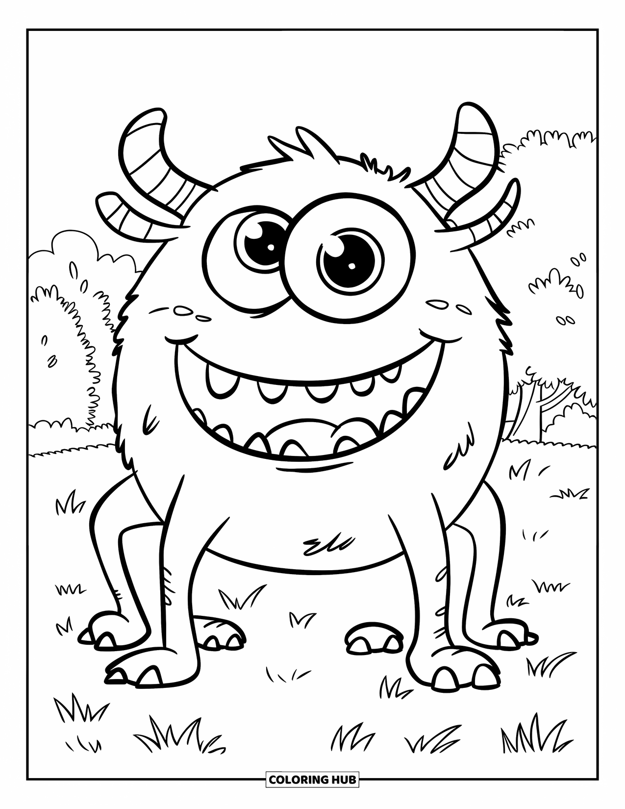 Dibujo de monstruo para colorear para niños: Un monstruo feliz con pies en forma de corazón se encuentra en el césped con árboles detrás