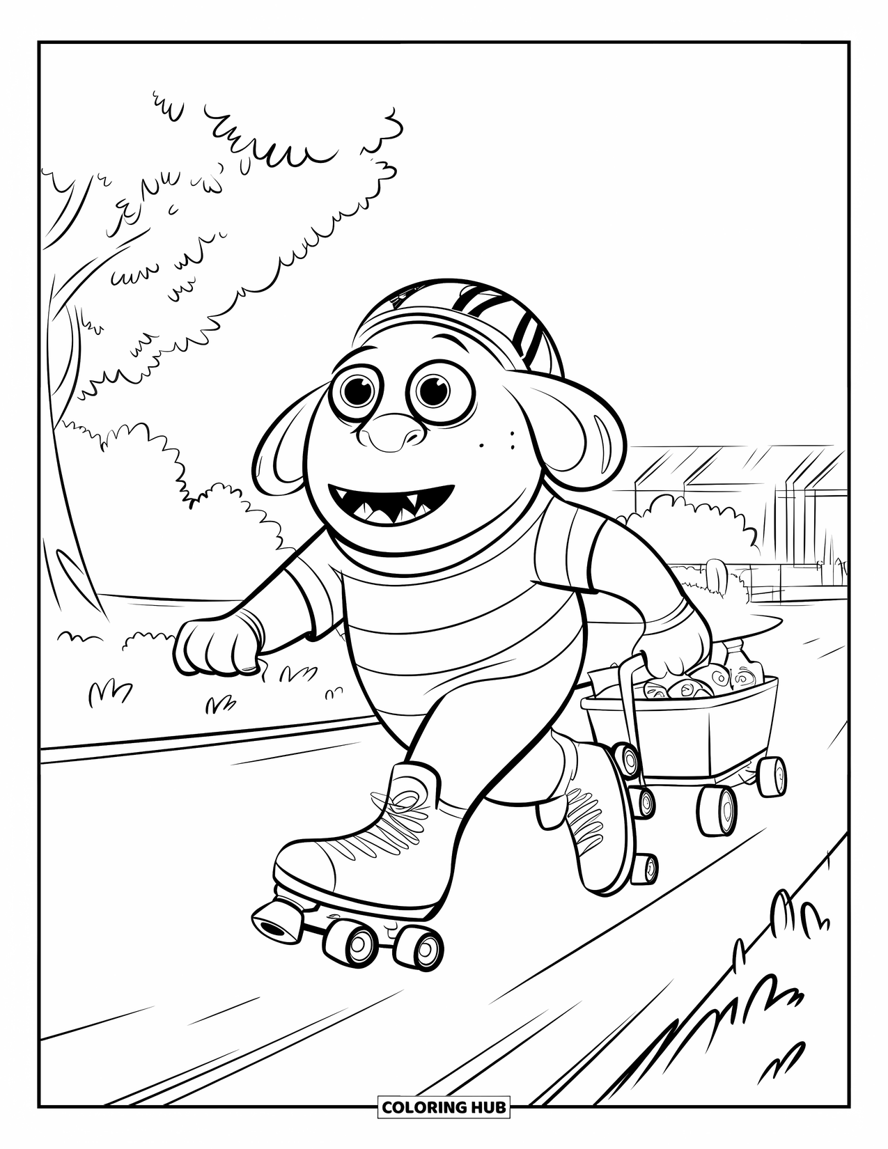 Dibujo de monstruo para colorear para niños: Un monstruo en patines tira de un carro a través de un parque con árboles y un edificio