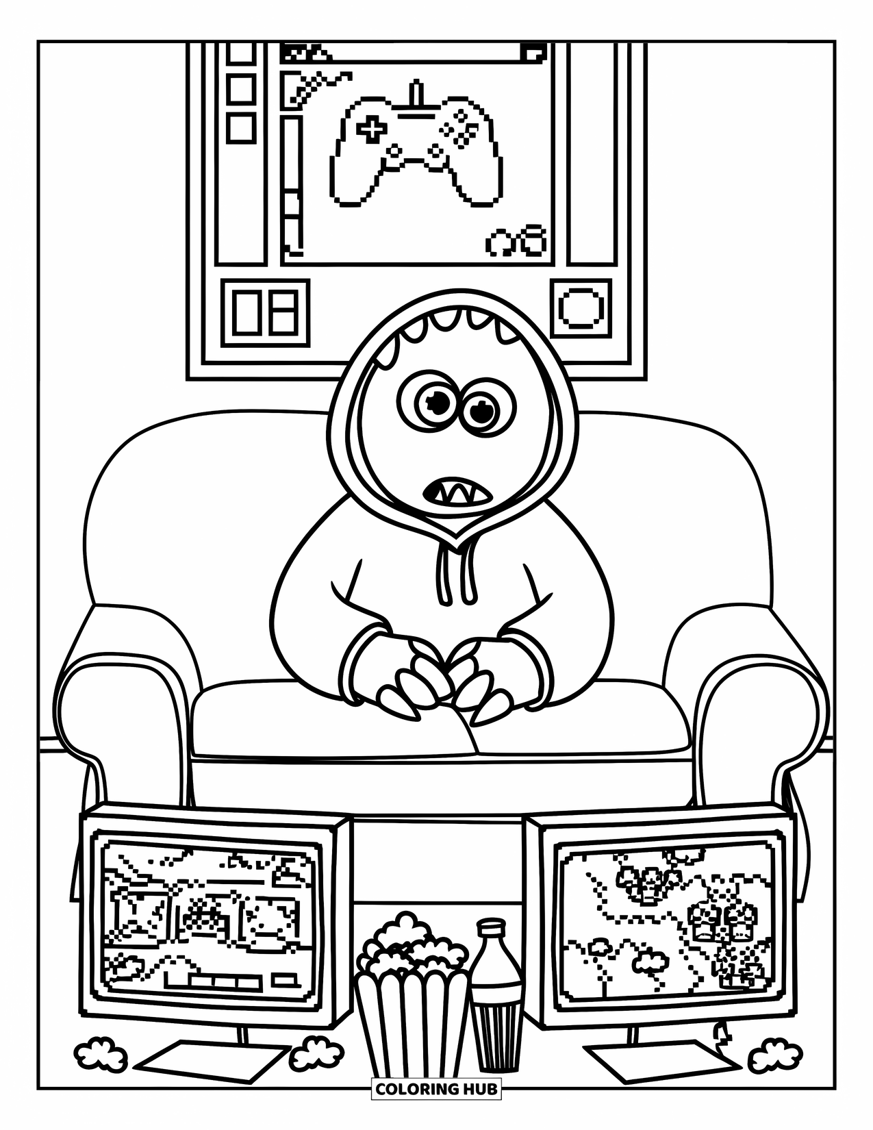 Dibujo de monstruo para colorear para niños: Un monstruo descansa en un sofá jugando con bocadillos y un póster detrás