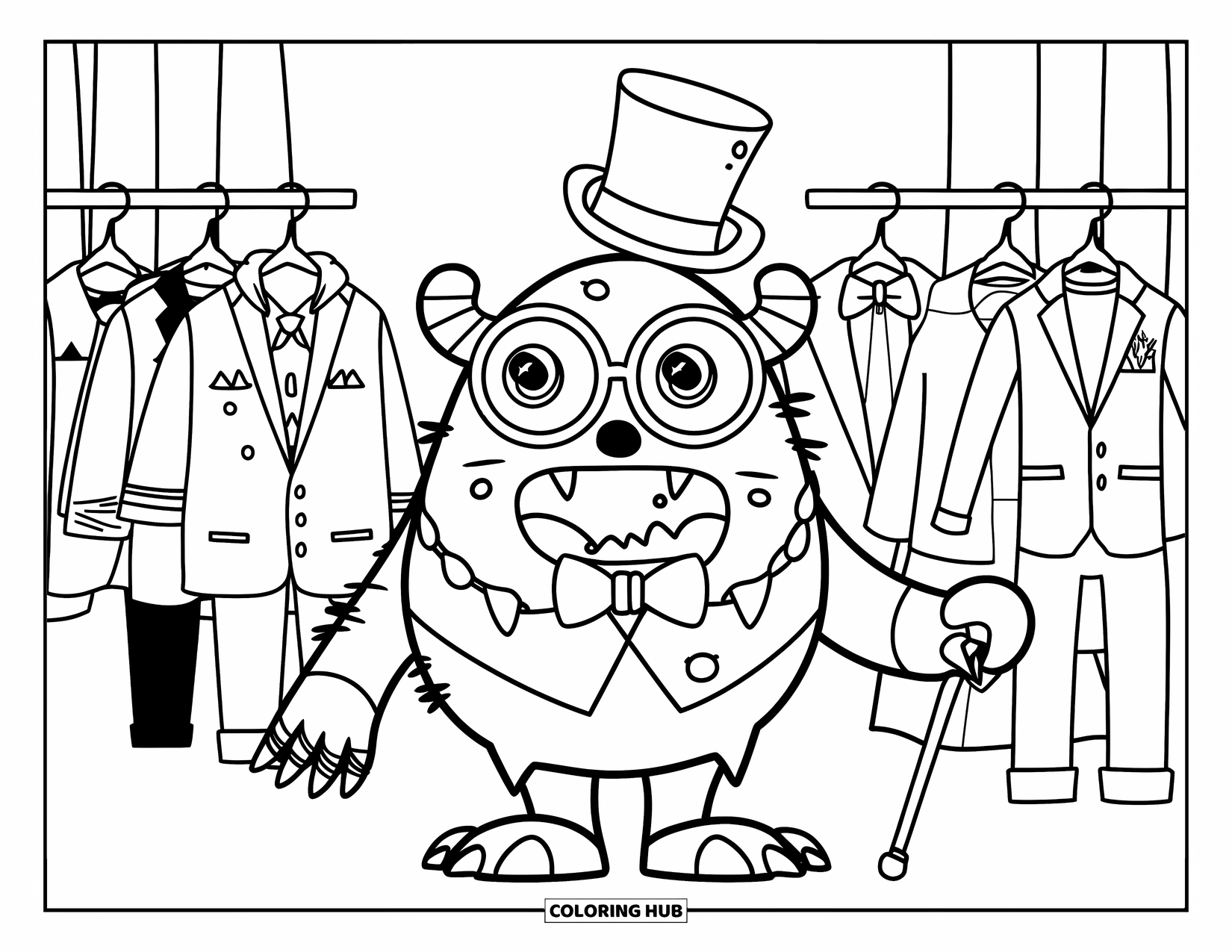 Dibujo de monstruo para colorear para niños: Un monstruo modela atuendos tontos con un sombrero de copa y un bastón elegante