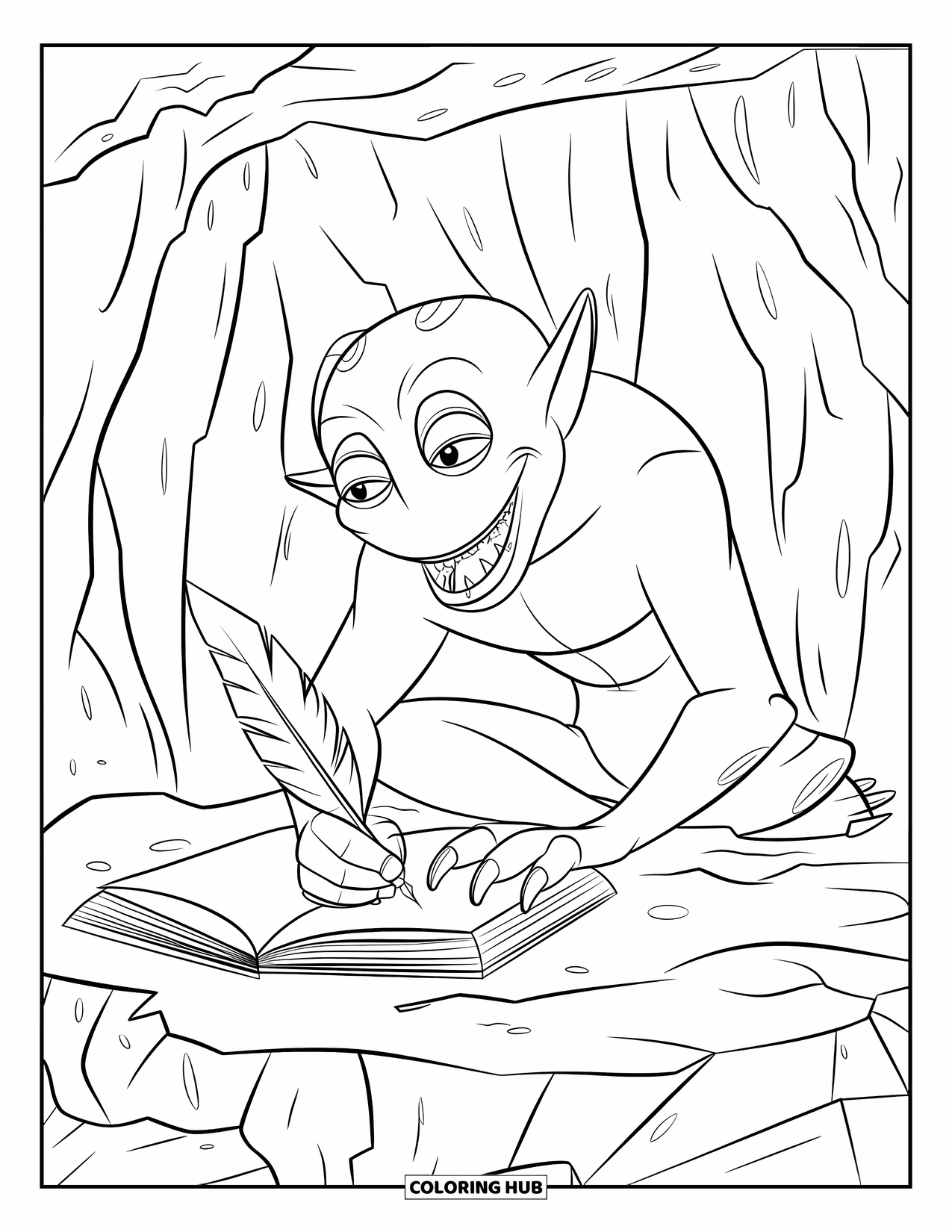 Dibujo de monstruo para colorear para niños: Un monstruo con garras dibuja en una cueva debajo de afiladas estalactitas