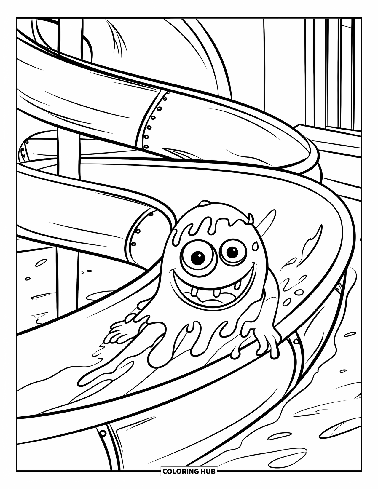 Dibujo de monstruo para colorear para niños: Un monstruo juguetón gotea baba mientras se desliza por un tobogán de metal en espiral