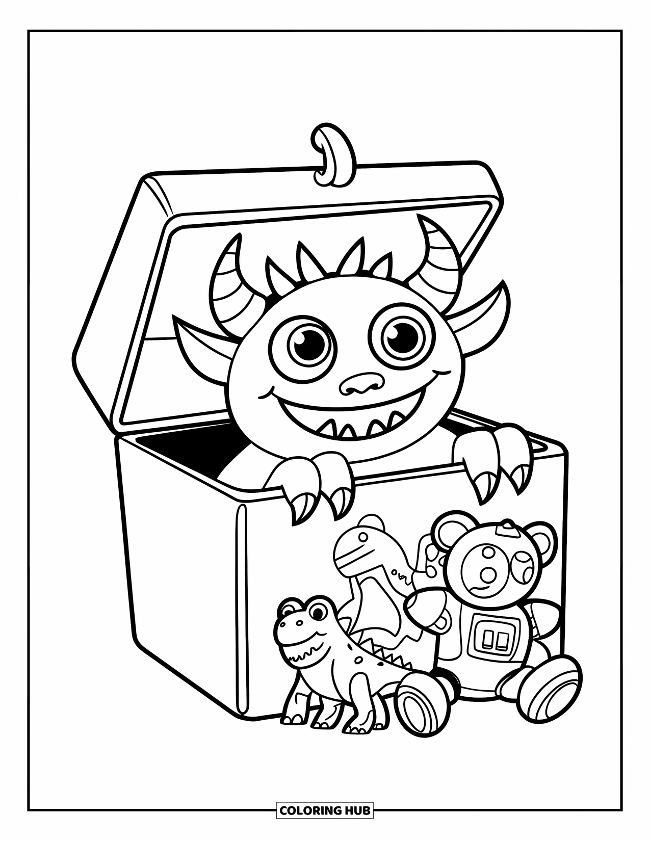 Dibujo de monstruo para colorear para niños: Un monstruo juguetón salta de una caja de juguetes llena de un robot, un oso y un dinosaurio