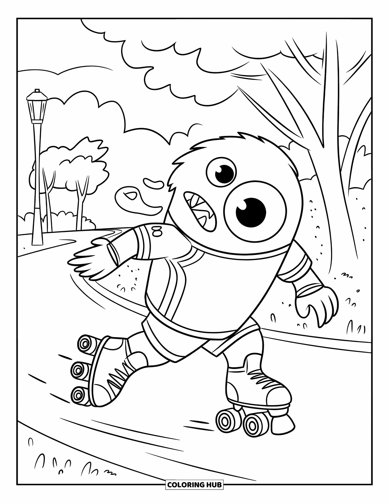 Dibujo de monstruo para colorear para niños: Un monstruo en patines de ruedas navega por un camino arbolado cerca de una farola alta