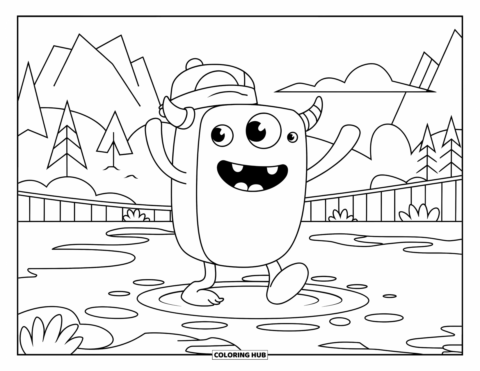 Dibujo de monstruo para colorear para niños: Un monstruo redondo con sombrero pisa charcos cerca de árboles y un puente