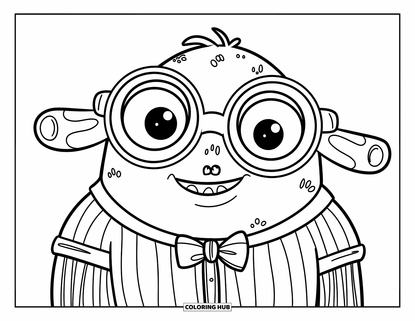 Dibujo de monstruo para colorear para niños: Un monstruo redondo con gafas usa una pajarita y hace una pose divertida