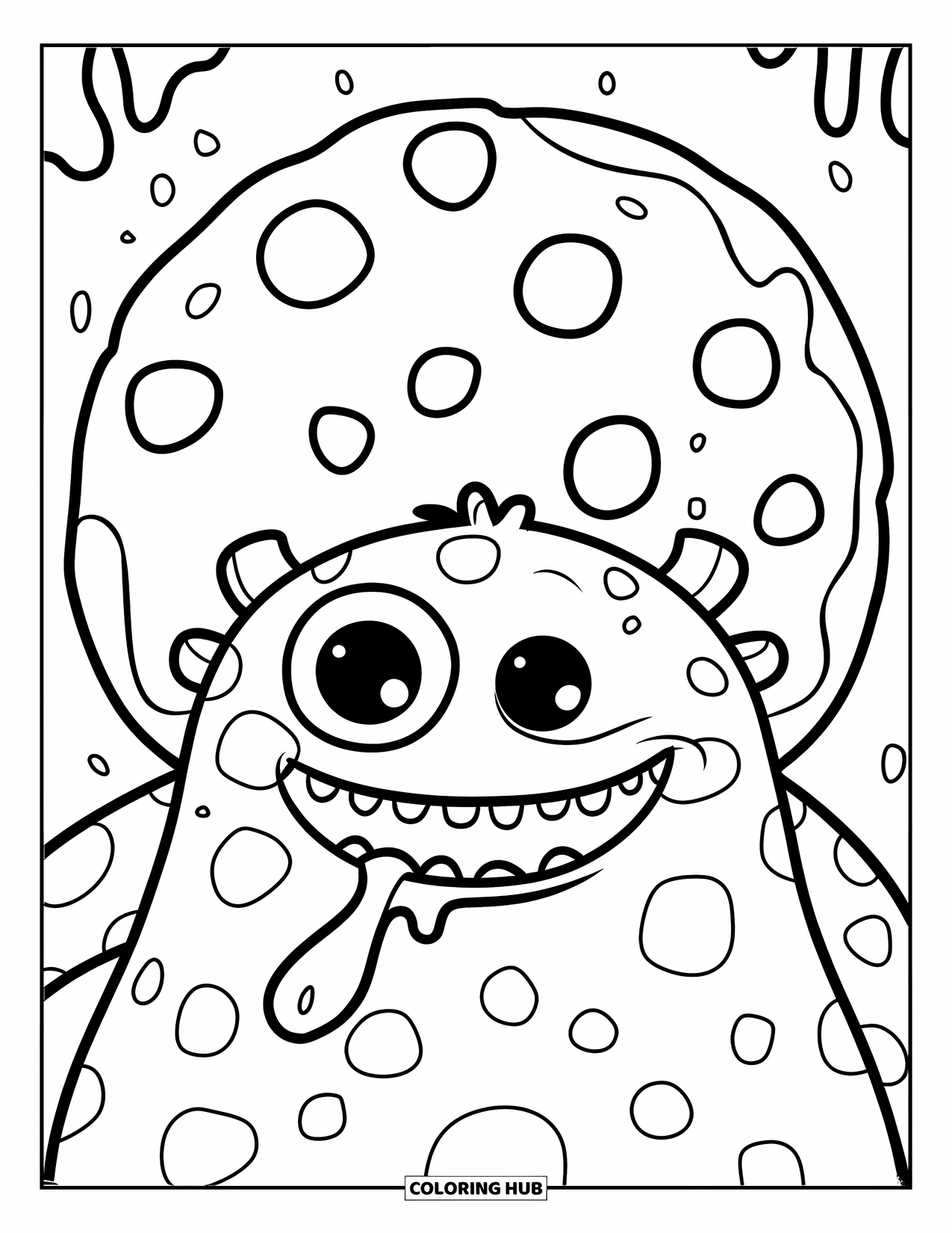Dibujo de monstruo para colorear para niños: Un monstruo redondo con lunares disfruta de una galleta tan grande como su cabeza