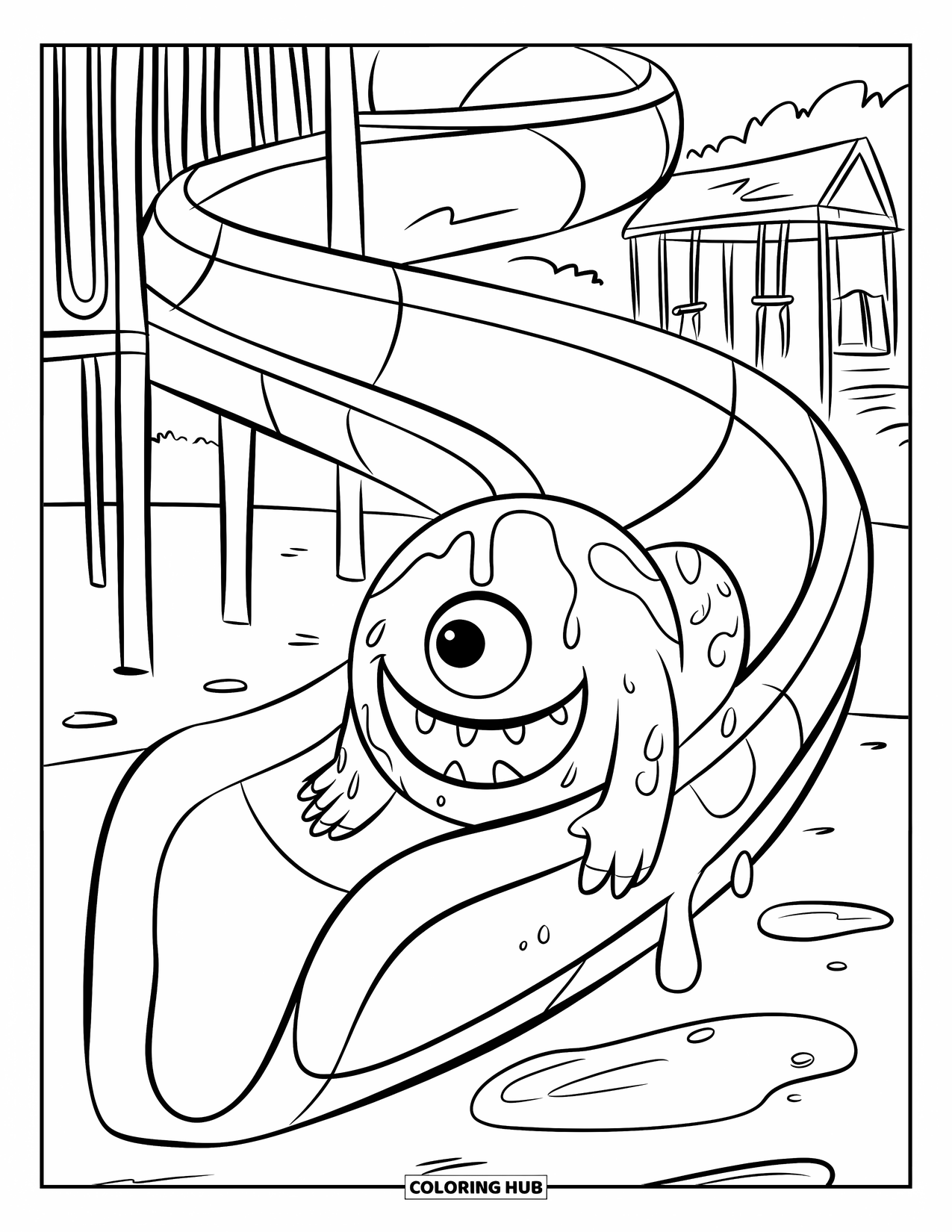Dibujo de monstruo para colorear para niños: Un monstruo redondo se desliza por un tobogán cerca de columpios y un gimnasio de la selva