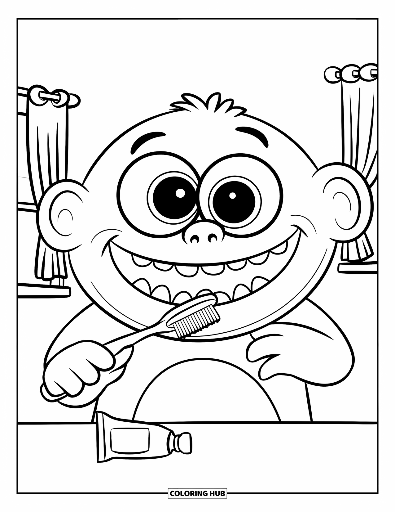 Dibujo de monstruo para colorear para niños: Un monstruo sonriente se cepilla los dientes en una habitación acogedora con cortinas y un cepillo de dientes