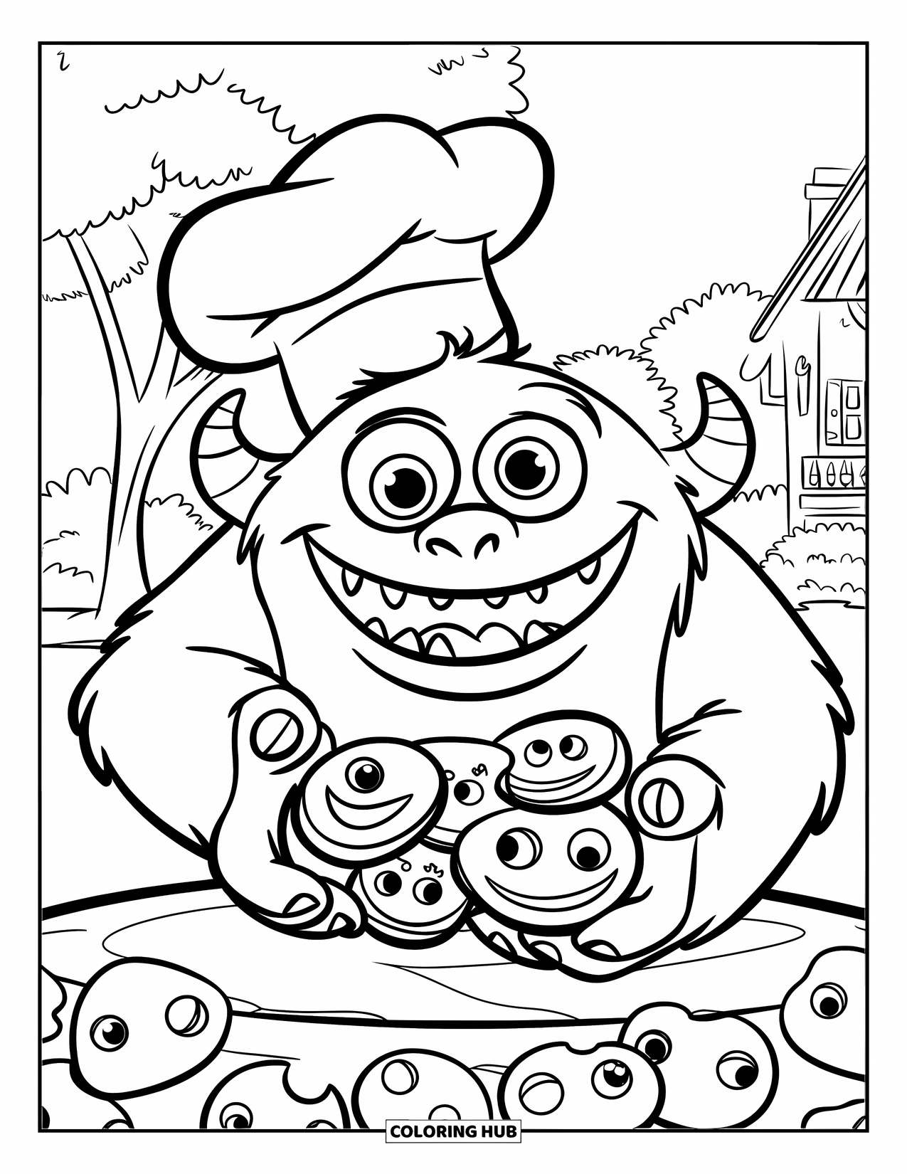 Dibujo de monstruo para colorear para niños: Un monstruo sonriente reparte galletas frente a una casa acogedora y árboles