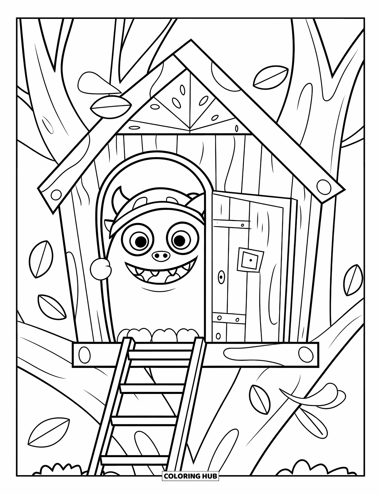 Dibujo de monstruo para colorear para niños: Un monstruo sonriente se asoma desde una casa del árbol frondosa con una escalera y una puerta