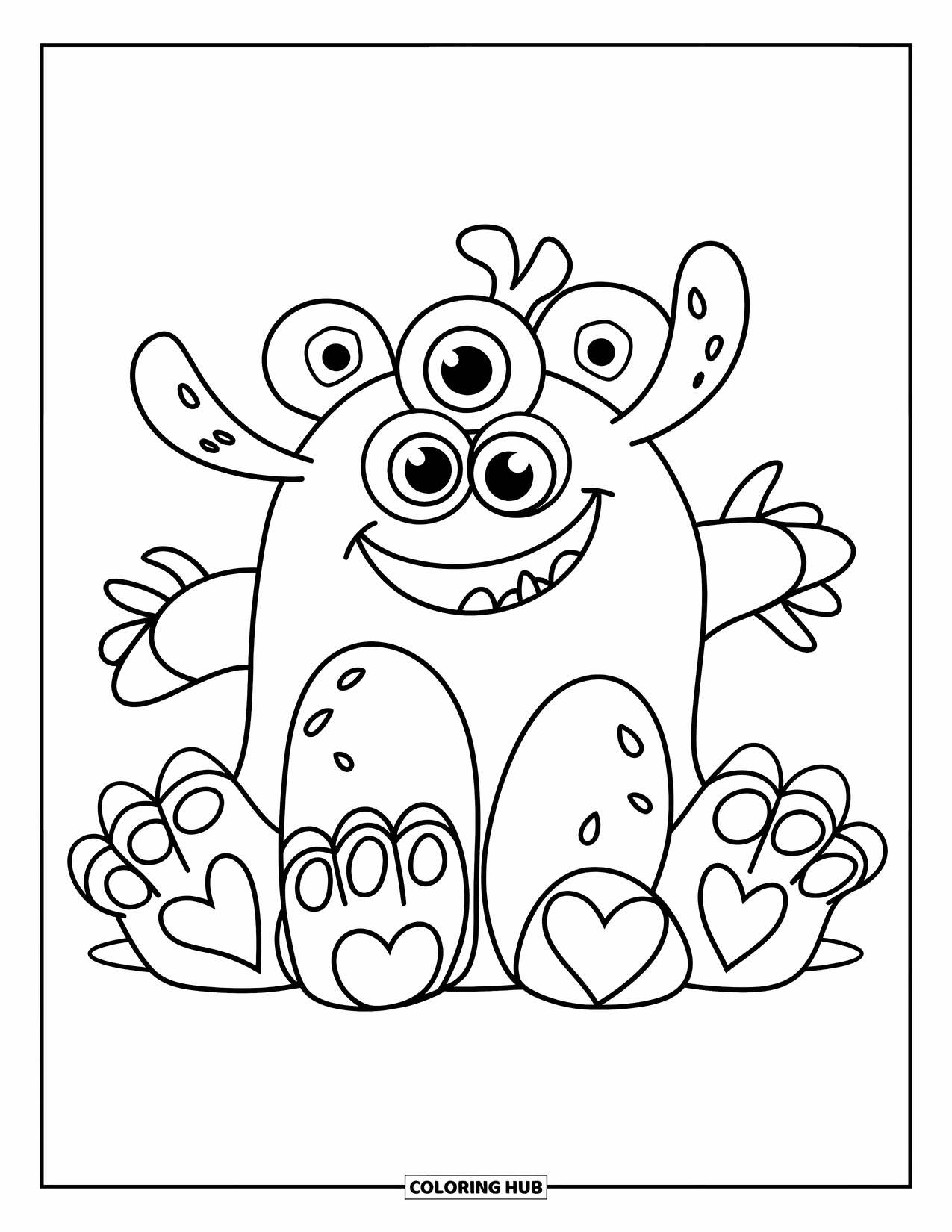 Dibujo de monstruo para colorear para niños: Un monstruo sonriente con pies en forma de corazón se sienta felizmente sobre un fondo en blanco